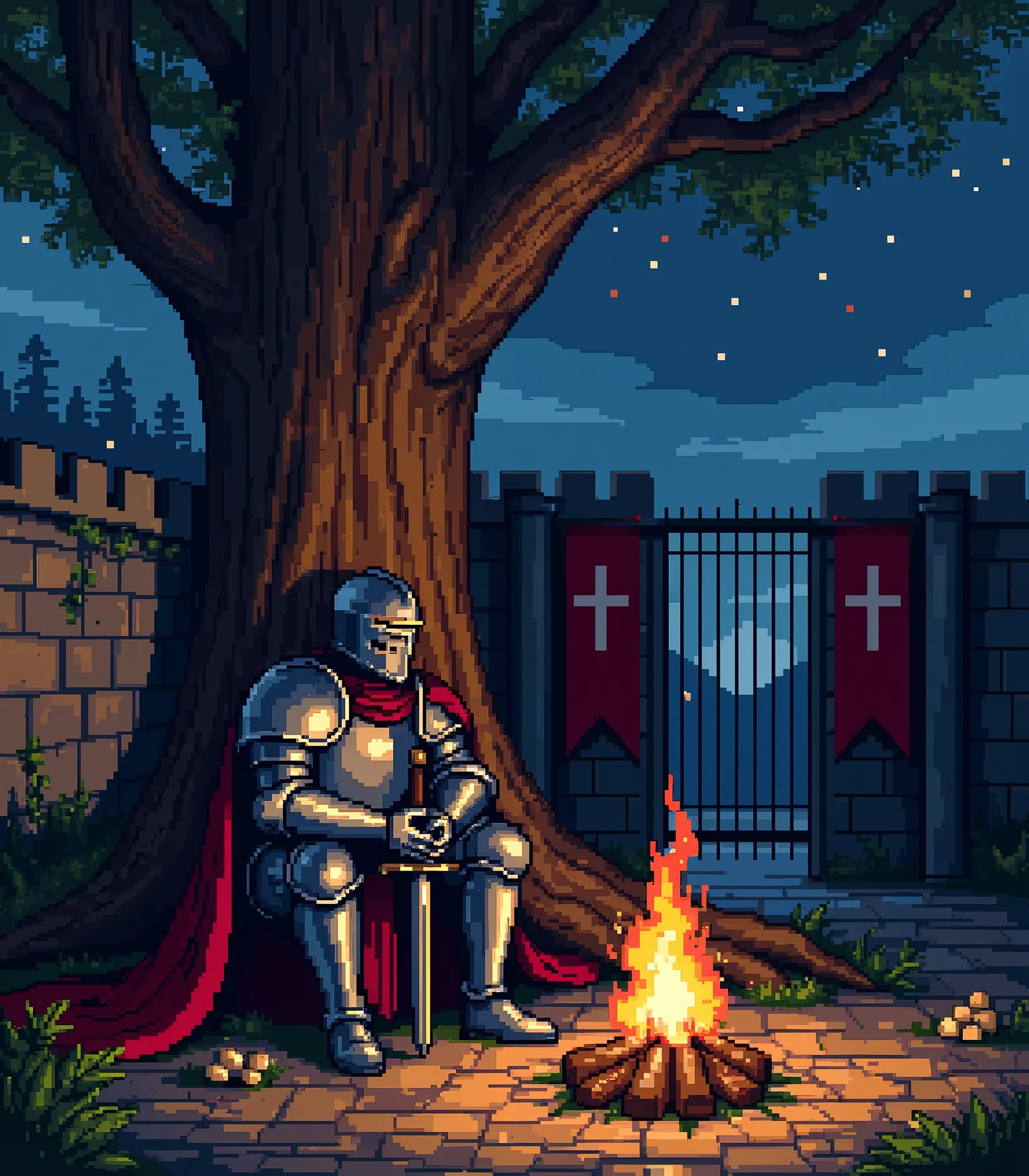 A medieval knight in full plate armor sits by a crackling bonfire, gazing up at the stars through the branches of a large tree overhead. His helmet covers his face, and his hands are clasped together in a resting pose. A large, ornate sword is planted into...