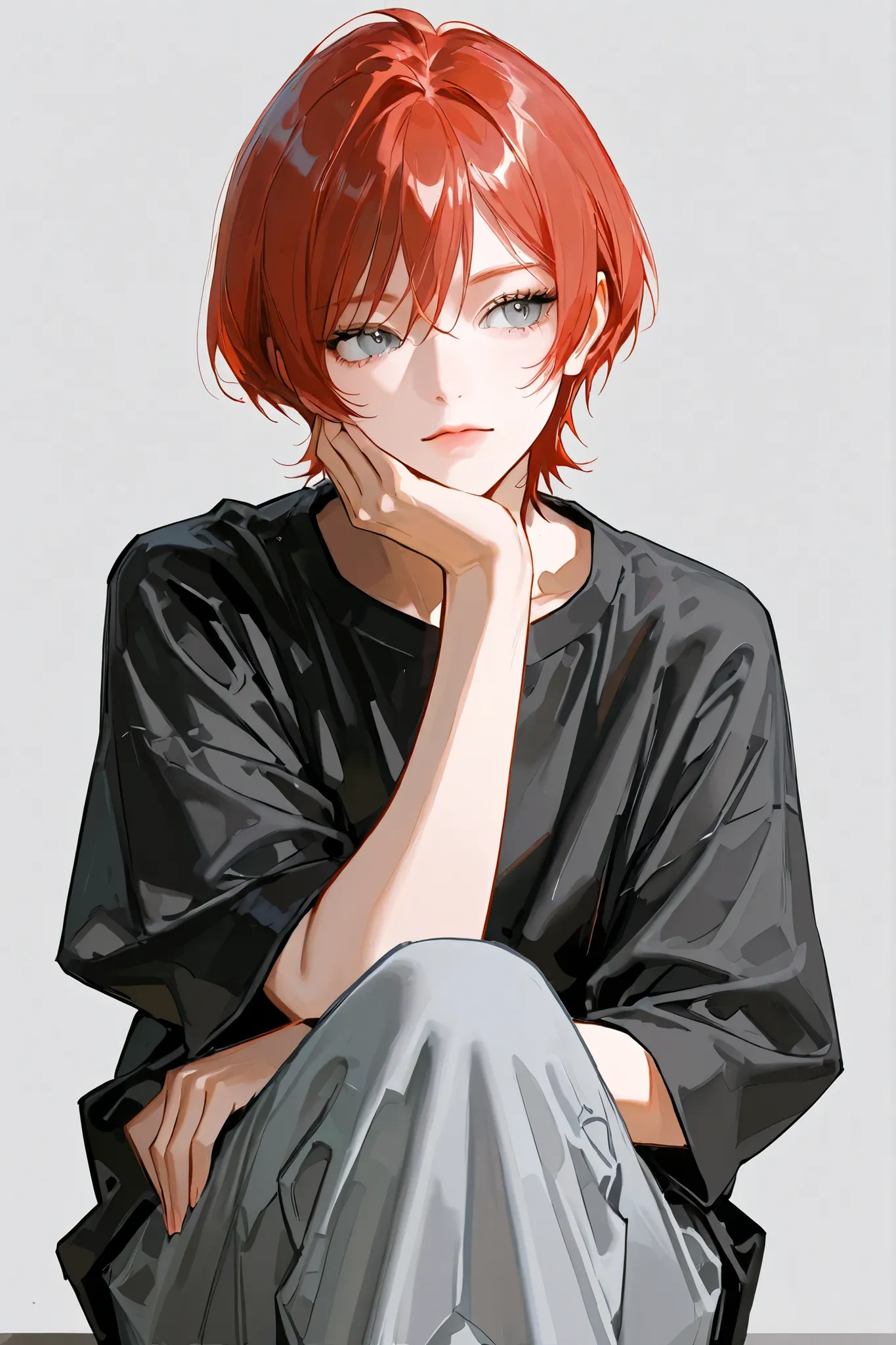 4k , 8k , (only 1 female red hair with grey eyes) , short hair style , adults , 25 years old ,  ((no one in background)) , Facing straight , sitting pose , hand at chin, solo, alone, pretty