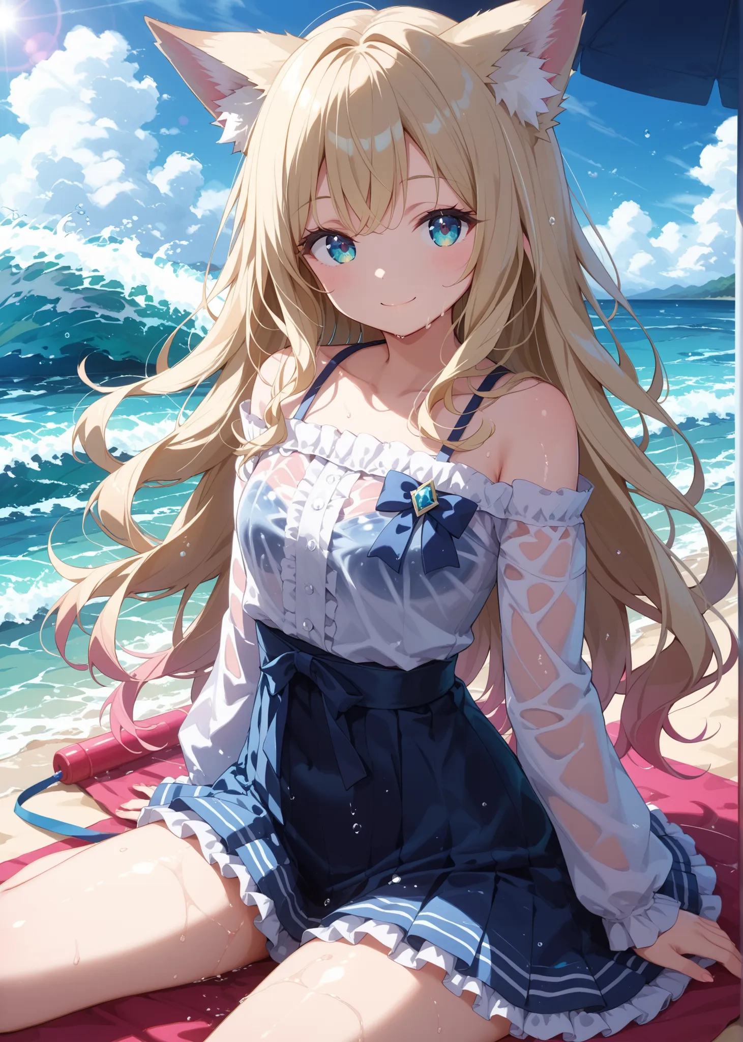 masterpiece、Concept Art、（very well detailed）、 (((masterpiece、Highest Quality、   、16k))) 、1 girl、( fox ears、off-shoulder、platinum blonde、long hair、wave hair、Frilled skirt)、( やわらかなsmile )、beach 、  Spaghetti Background   、 dreamy  、 Spectacular photos 、smile、...