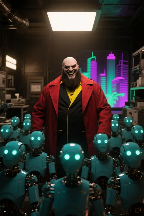 fat scientist with an evil smile,red and black coat,Yellow Accent,Big Beard,Bald Head,standing in a dark lab and following an army of robots,eyes are shining,SF wind,sense of villain,detailed depiction super realistic composition, surreal style in Las Vegas,brown、Turquoise、green、Purple, Surreal Scene,Surreal Photography,surreal 3 d render,surrealist conceptual art, dreamy art ,Surreal Photography   graphy, surrealist photography ,ultra high definition,very detailed from below si,wide angle shot,proximity method ,Strange 80s Style Synthwave,Synthwave City, Miami Synthwave ,synthwave art style from 2009 SF8K film ,cyberpunk atmosphere,spectacular retro wave art,