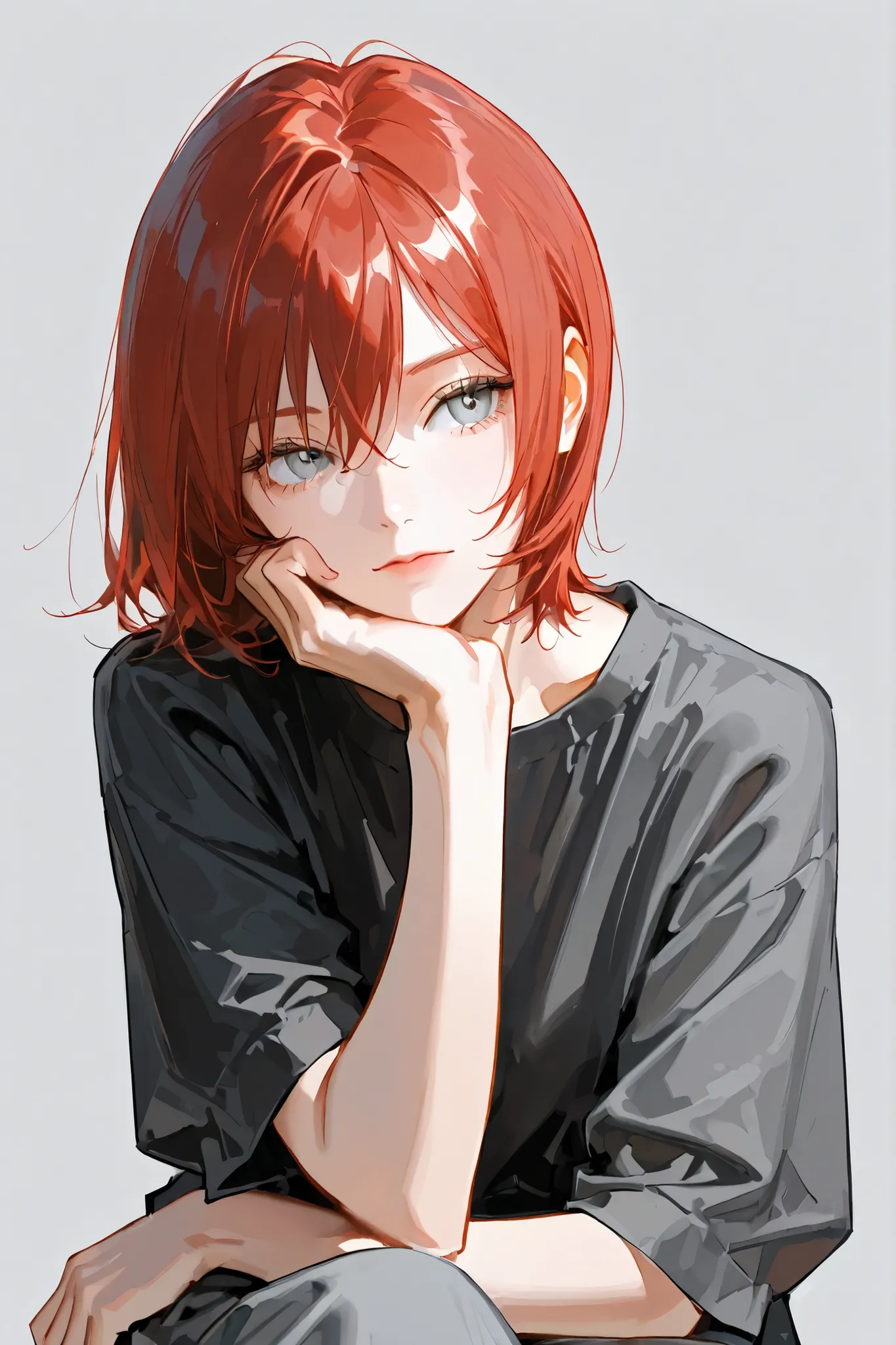 4k , 8k , (only 1 female red hair with grey eyes) , short hair style , adults , 25 years old ,  ((no one in background)) , Facing straight , sitting pose , hand at chin, solo, alone, pretty