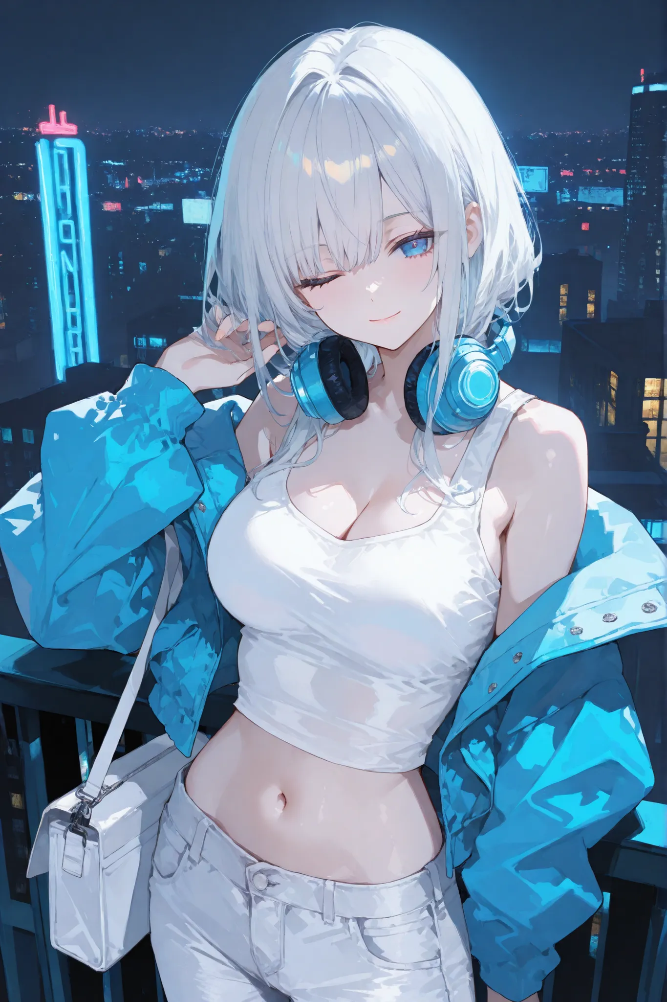 1girl, neon_lights, solo, long_hair, night, city_lights, cityscape, scenery, from_behind, city, building, skyscraper, standing, facing_away, 1girl, breasts, solo, headphones_around_neck, pants, headphones, large_breasts, blue_eyes, full_body, jacket, cleav...