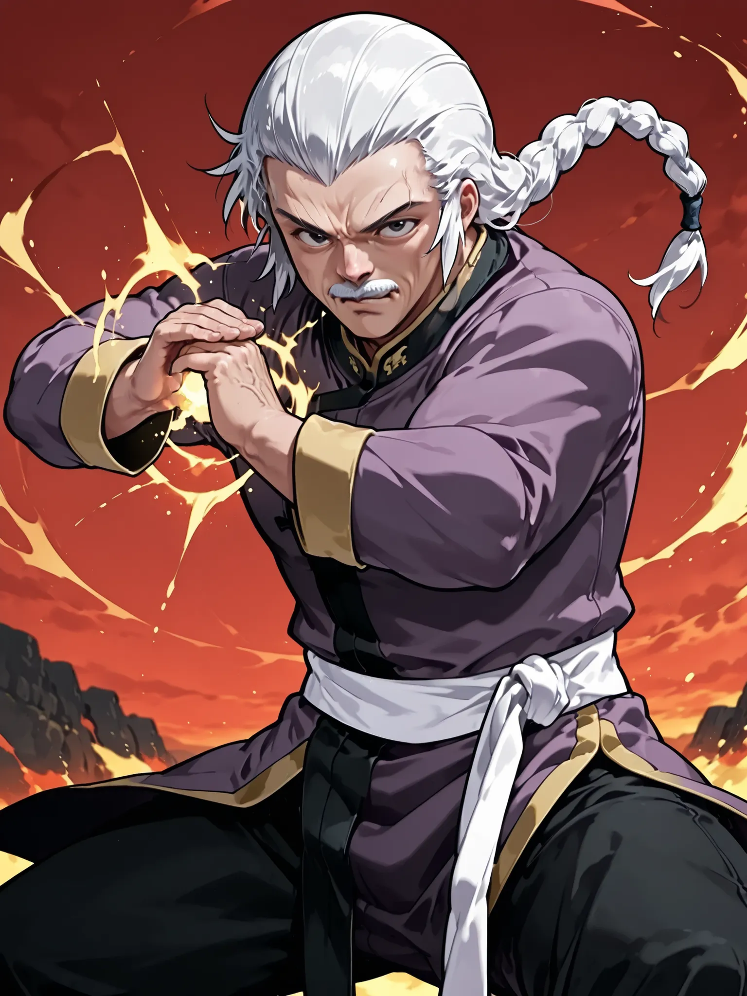 score_9, score_8_up, score_7_up, masterpiece, source_anime, 1old man, Facial wrinkles ,white moustache,Three-braided ponytail, slicked-back hair,
muscular,kung fu master,
purple kung fu clothe,long sleeve,Black kung fu pants,white obi,fighting stance,in a...