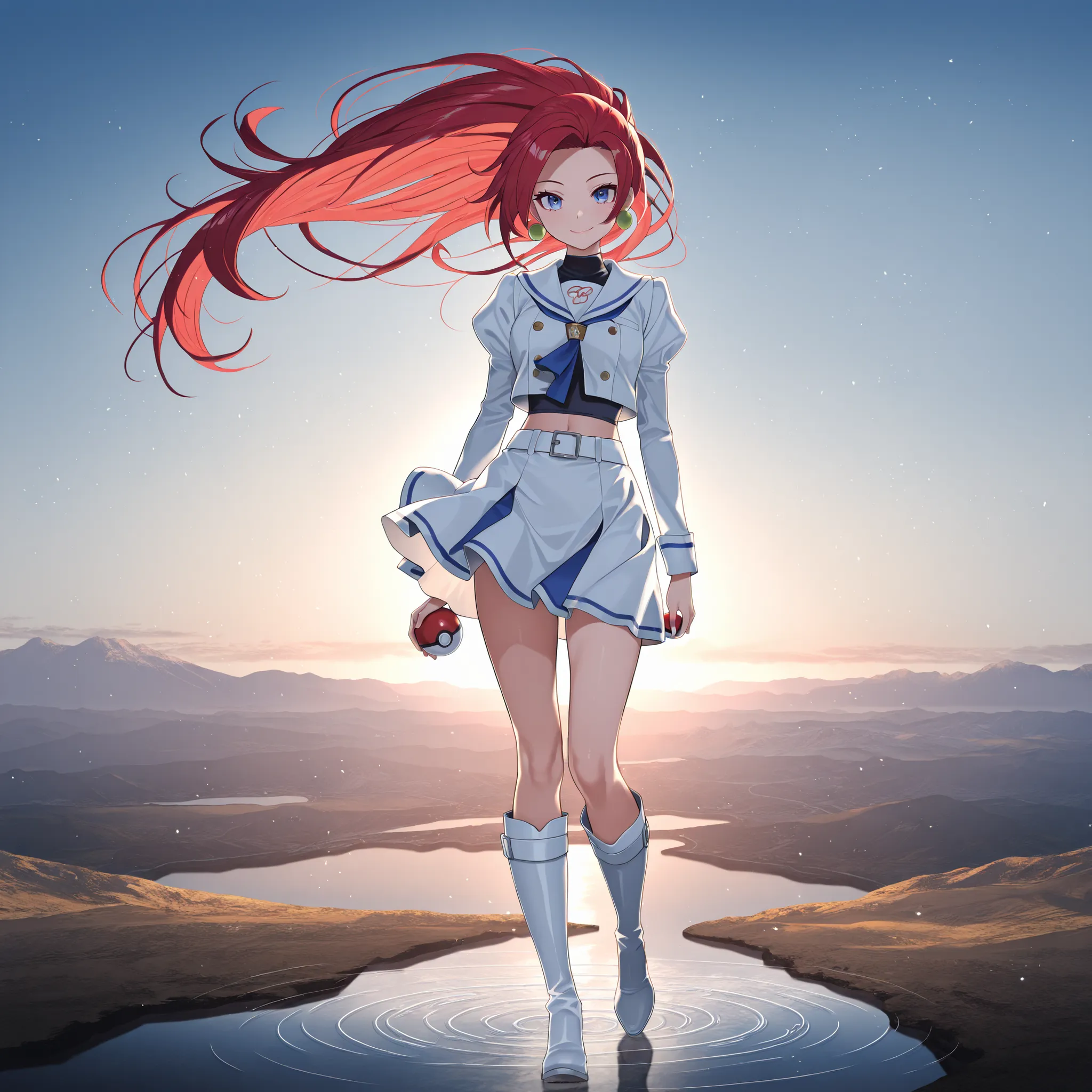 masterpiece,best quality,amazing quality,Charming,Please draw Jessie in detail using upscale。The background is just the sky and horizon of an infinite digital world.、Light particles and electronic ripples are the only decoration。Jessie with long red hair, ...