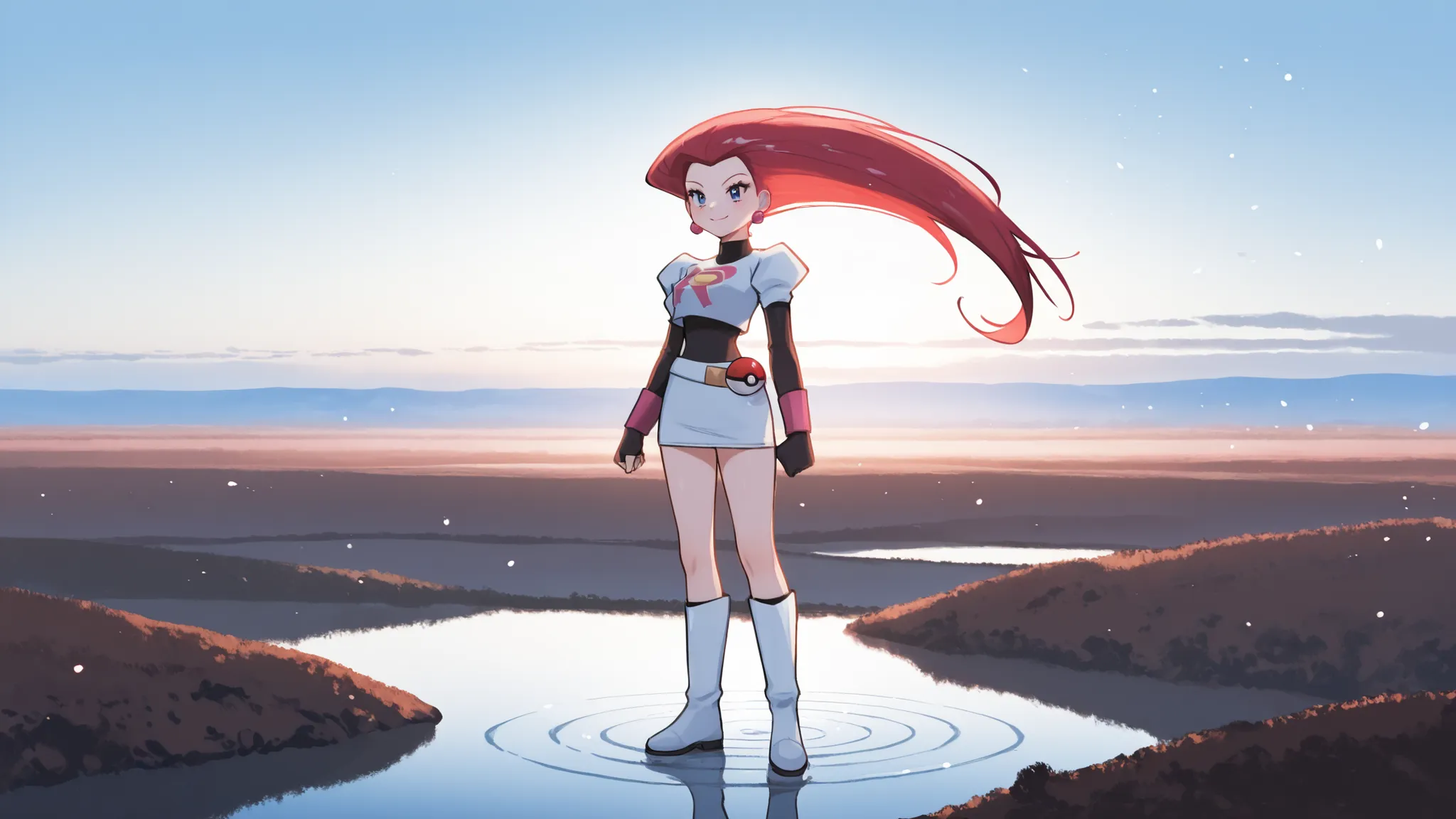 masterpiece,best quality,amazing quality,Charming,Please draw Jessie in detail using upscale。The background is just the sky and horizon of an infinite digital world.、Light particles and electronic ripples are the only decoration。Jessie with long red hair, ...