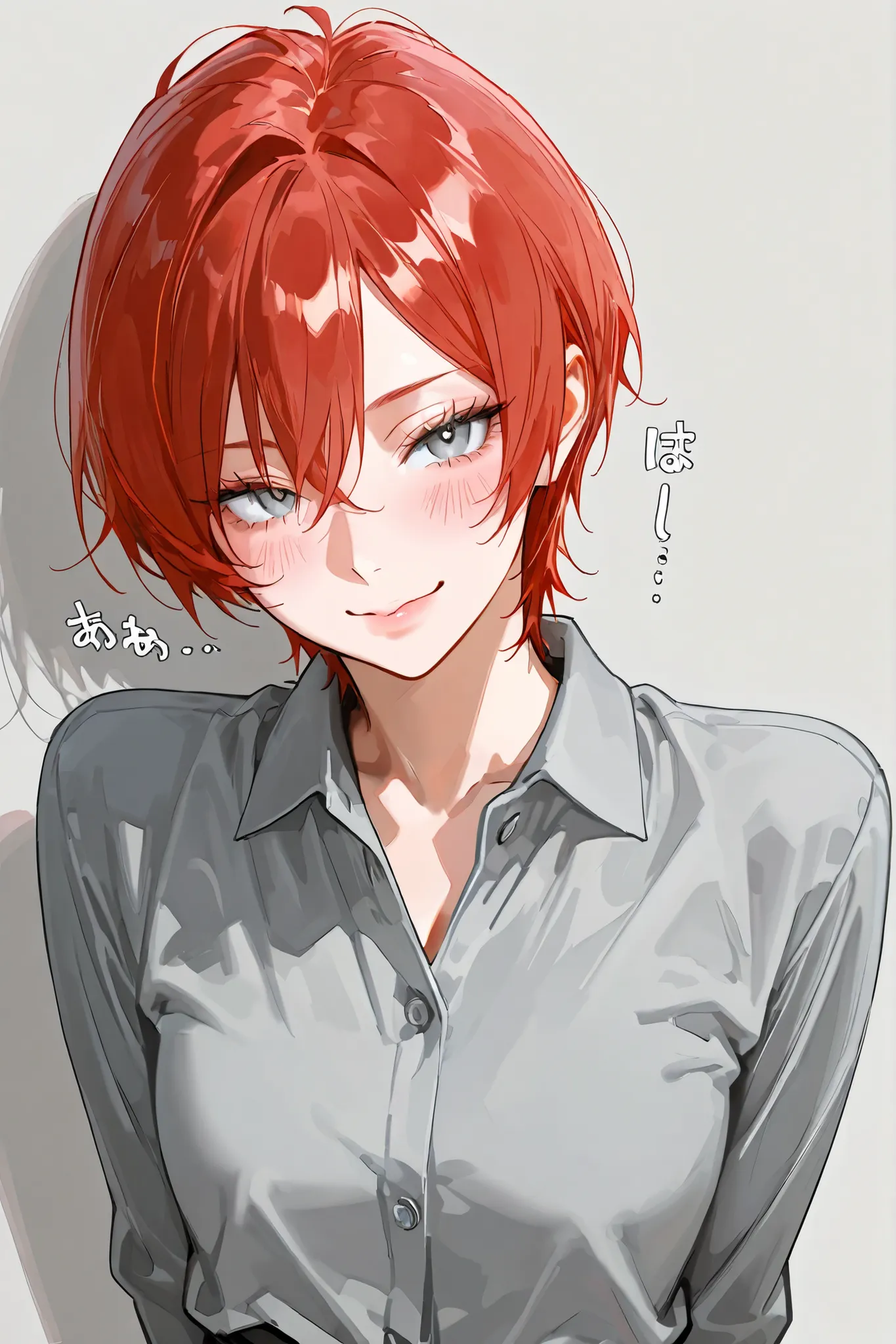 4k , 8k , (only 1 female red hair with grey eyes) , short hair style , adults , 25 years old , ((no one in background)) , teasing, sound effect, blush, solo, alone, pretty