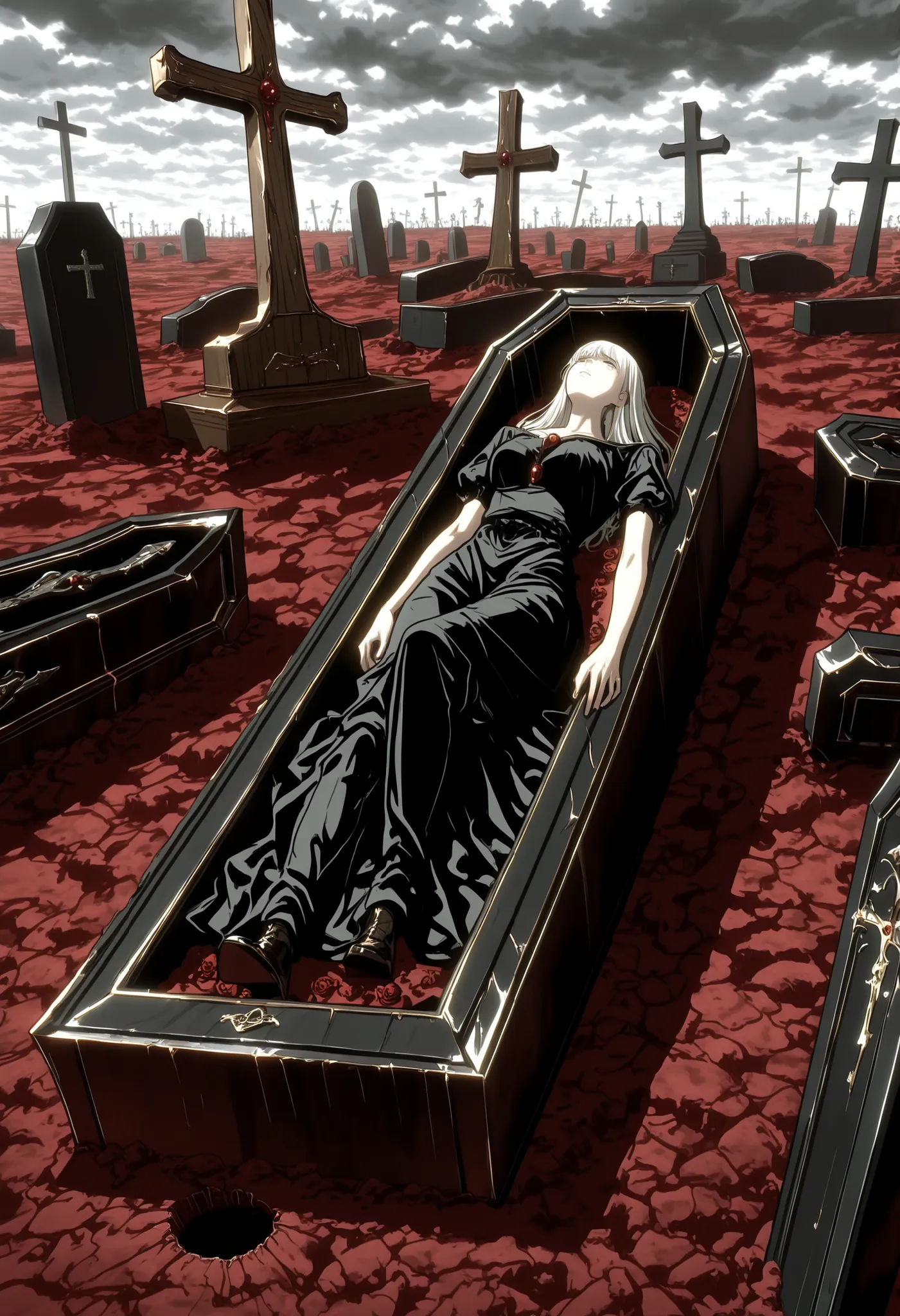Ataud ,tumba, cemetery ,rectangular wooden coffin,Ornaments,coffin lying on the floor, cloudy day,Sad day ,hole under the coffin,Earth next to,a girl next to the coffin,looking up,arm extended to the sky