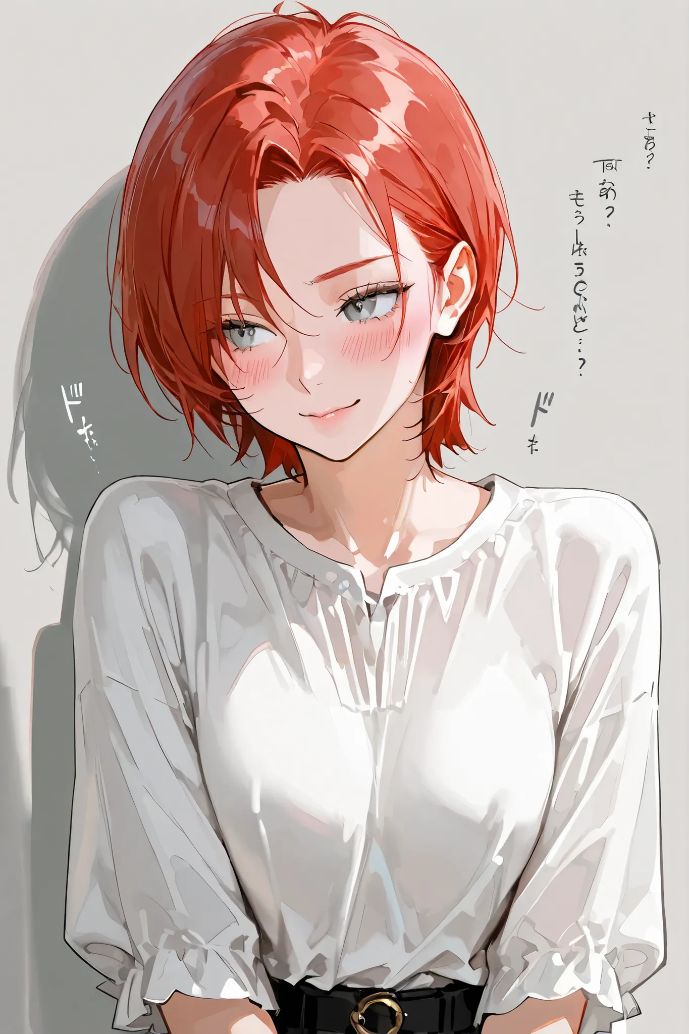 4k , 8k , (only 1 female red hair with grey eyes) , short hair style , adults , 25 years old , ((no one in background)) , teasing, sound effect, blush, solo, alone, pretty