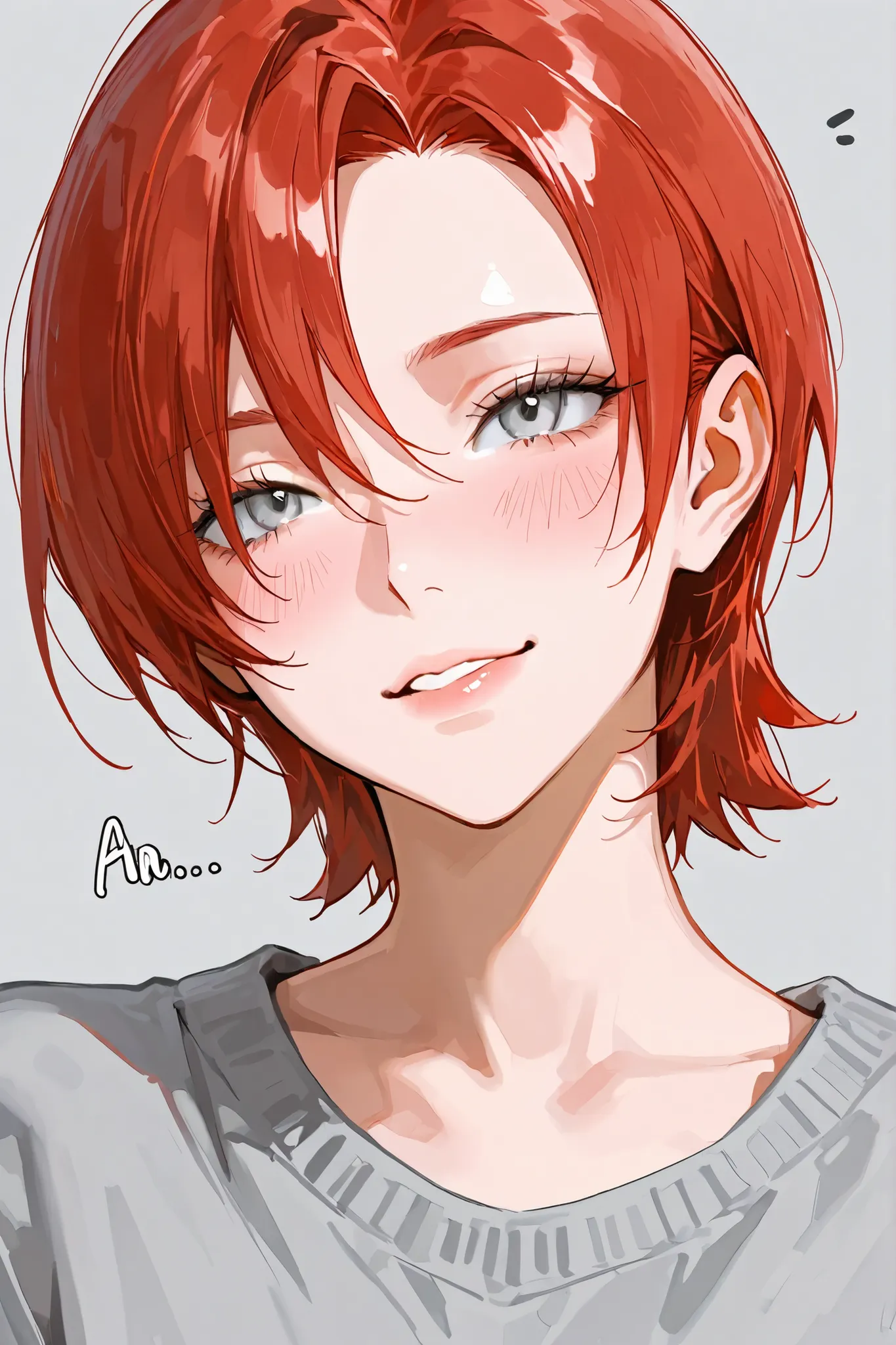 4k , 8k , (only 1 female red hair with grey eyes) , short hair style , adults , 25 years old , ((no one in background)) , teasing, sound effect, blush, solo, alone, pretty