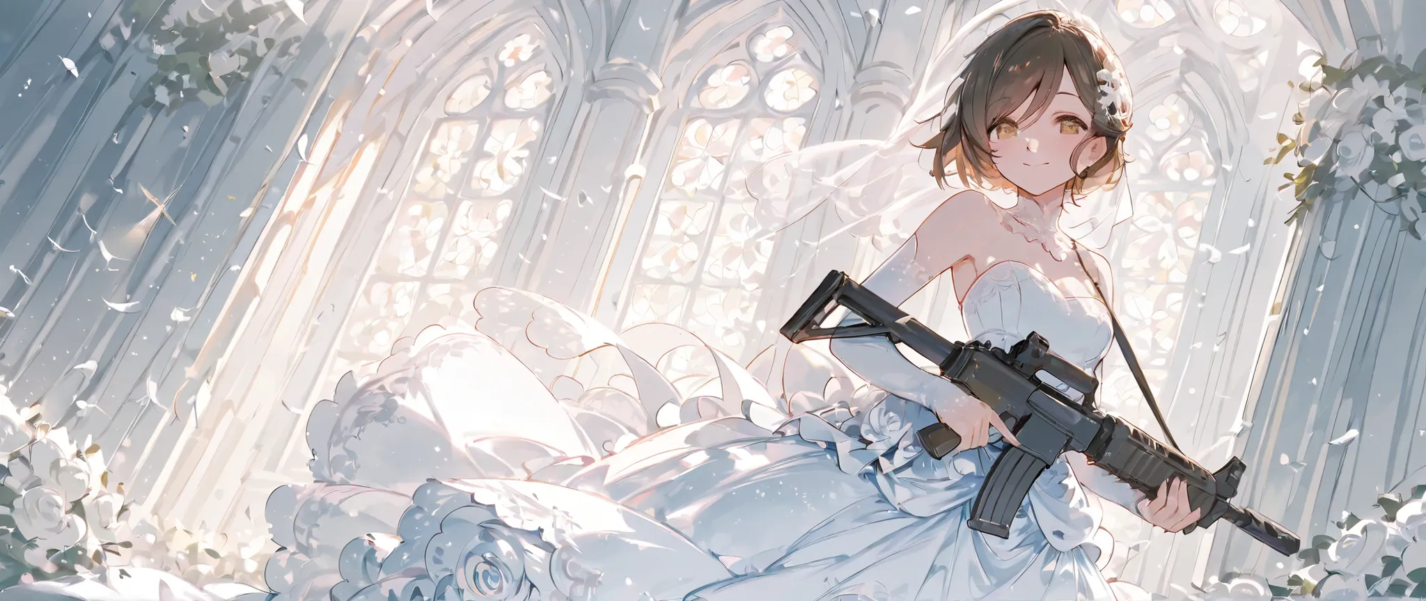 score_9, score_8_up, score_7_up, score_6_up, score_5_up, score_4_up,
1girl, solo, smile, pastelcolor,
brown hair, short hair, swept bangs,
white wedding dress, Has an assault rifle
4K, 8K