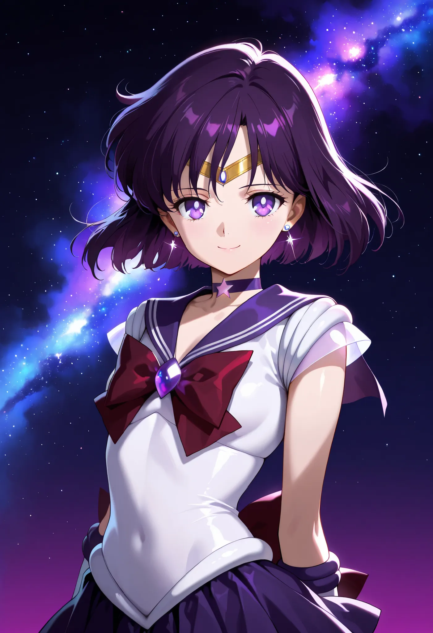 masterpiece, amazing quality, best quality, clear skin, ultra-detailed-eyes, soft skin, very awa, very as2, soft body, official art, hotaru tomoe, purple eyes, short hair, purple hair, circlet,
brooch, choker, earrings, gloves, jewelry, magical girl, purpl...