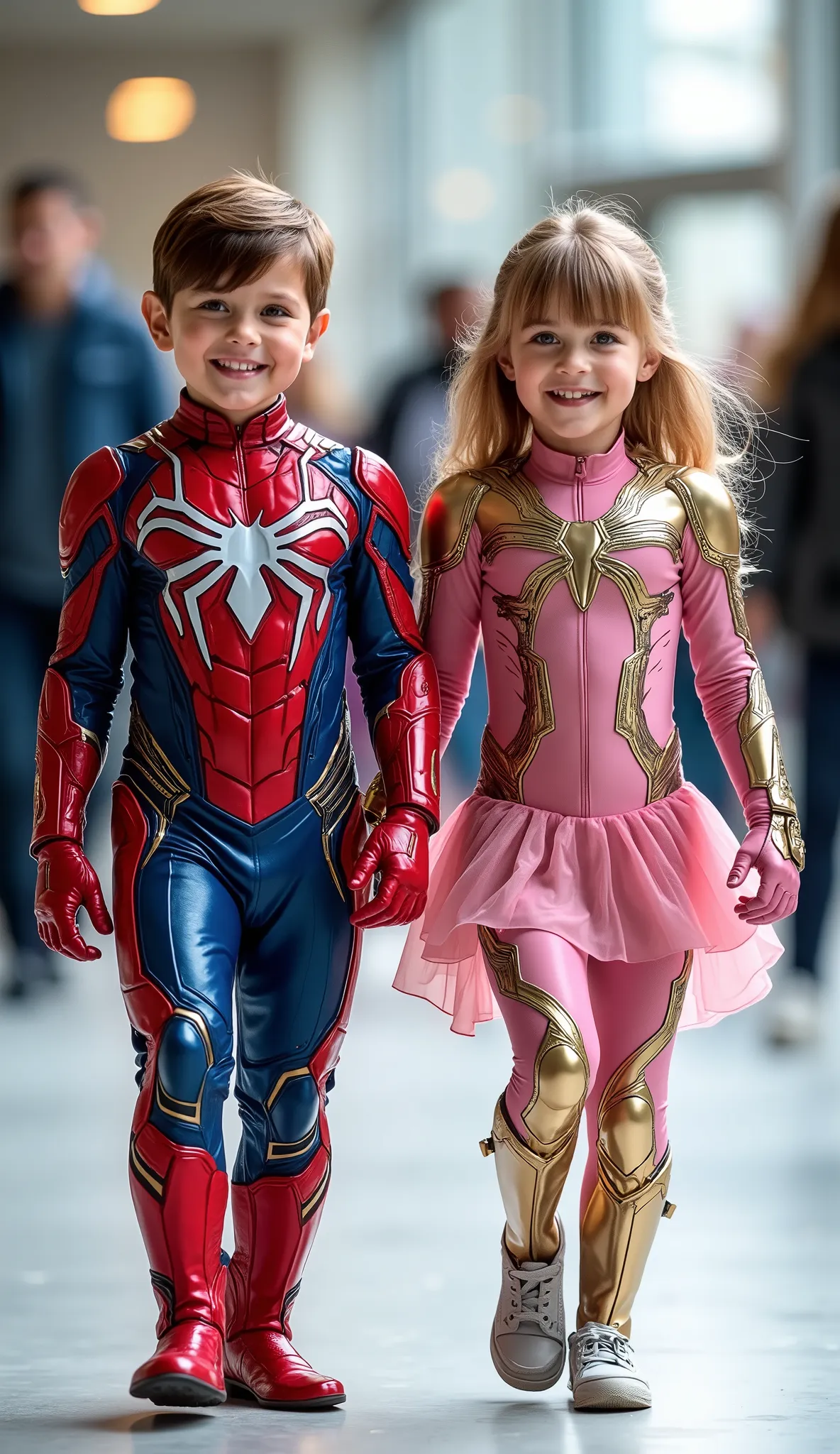 character: 1 baby boy brown hair Wearing futuristic red venom body suit with blue silver armor futuristic white accents, and 1 baby girl blonde hair with bangs Wearing futuristic pink venom body suit with gold silver armor futuristic white accents . They ...