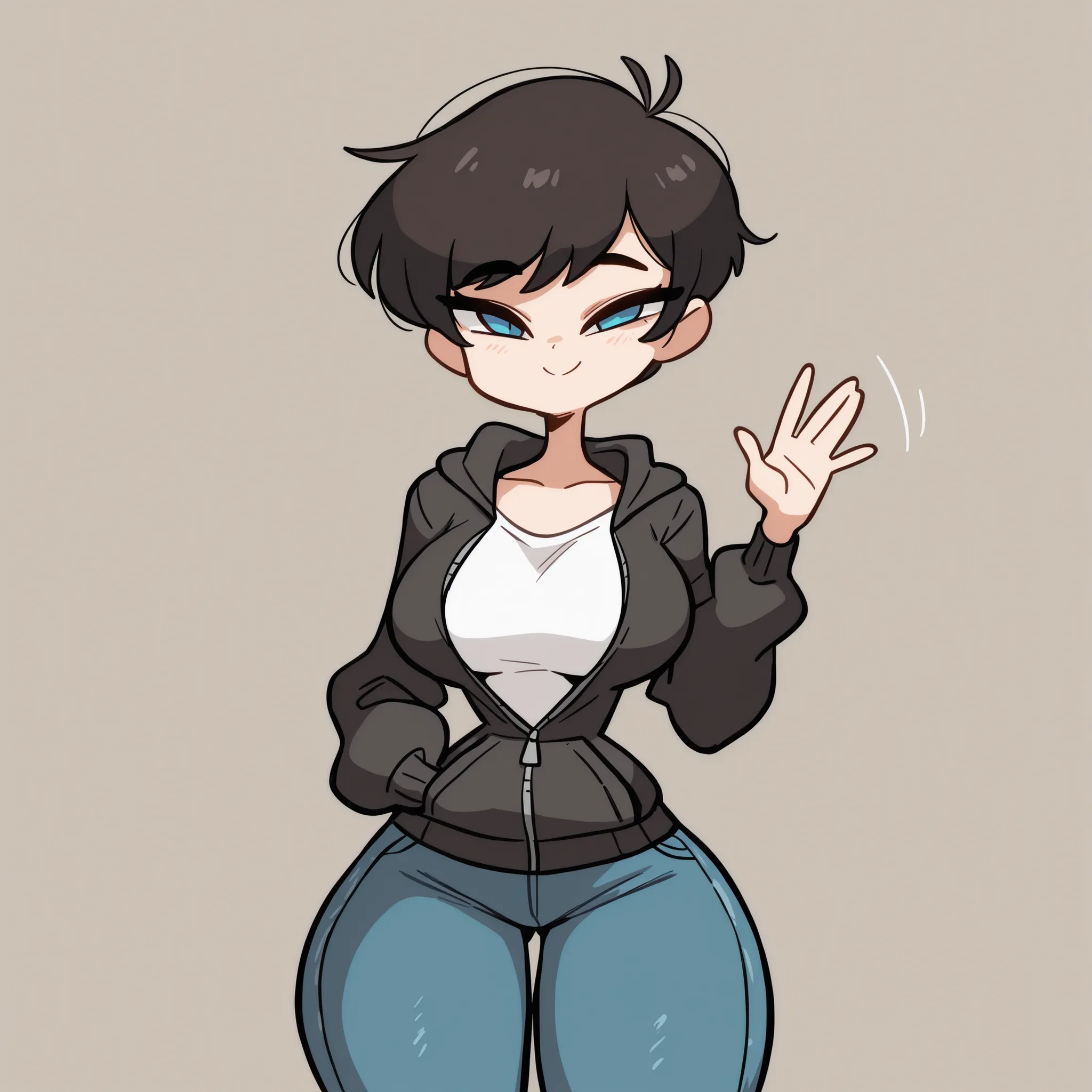masterpiece, best quality, amazing quality, very aesthetic, absurdres, high res, shiny skin, diives, 1girl, solo, short messy black hair, pixie cut, blue eyes, big breasts, narrow waist, wide hips, thick thighs, white t-shirt, skinny jeans, black hooded ja...