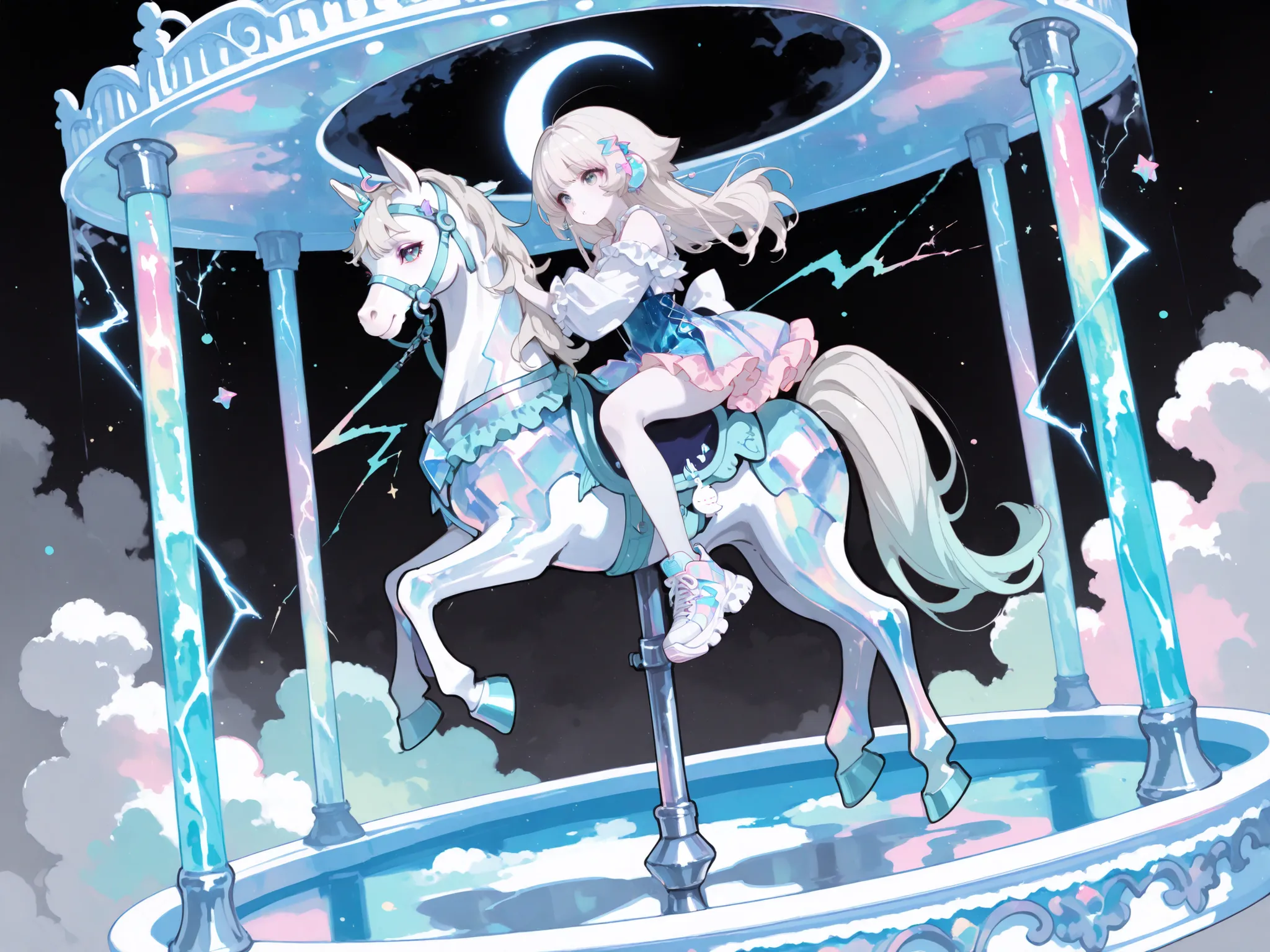 A surreal and whimsical fantasy scene featuring a pastel cyber-kawaii aesthetic. A young woman with long, platinum blonde hair and pale skin is at the center, wearing a shiny, iridescent outfit in white and pastel hues, including a frilled top and holograp...