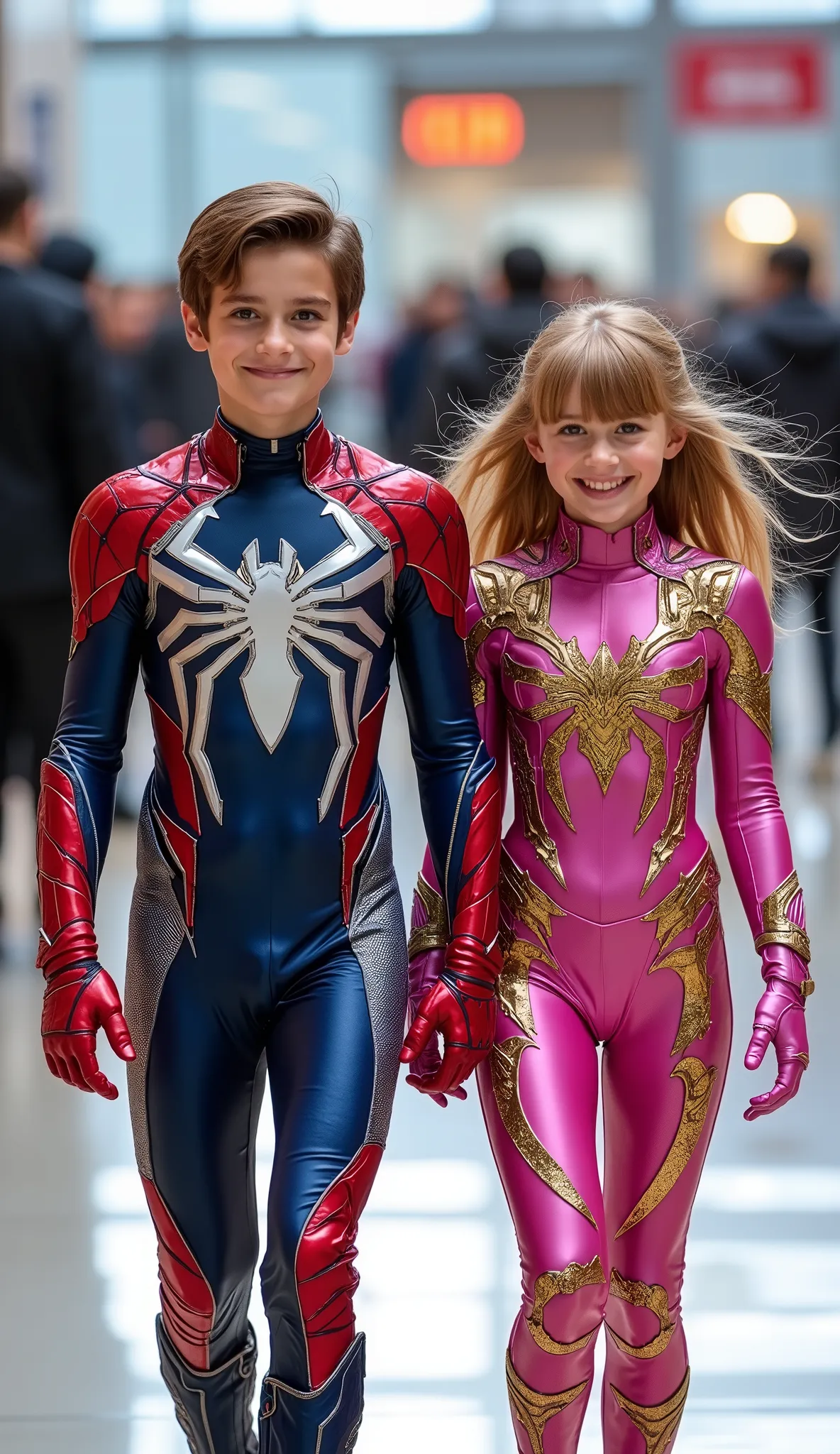 character: 1 boy brown hair Wearing futuristic red venom body suit with blue silver armor futuristic white accents, and 1 girl blonde hair with bangs Wearing futuristic pink venom body suit with gold silver armor futuristic white accents . They Looks Euro...
