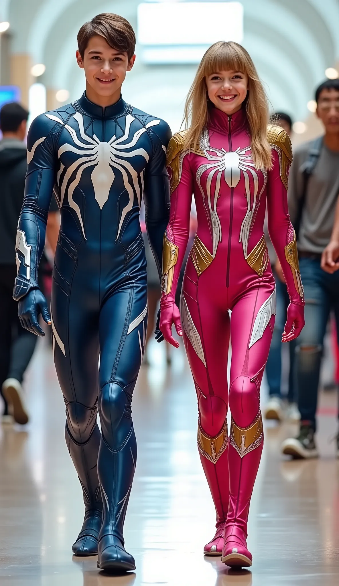 character: 1 boy brown hair Wearing futuristic red venom body suit with blue silver armor futuristic white accents, and 1 girl blonde hair with bangs Wearing futuristic pink venom body suit with gold silver armor futuristic white accents . They Looks Euro...