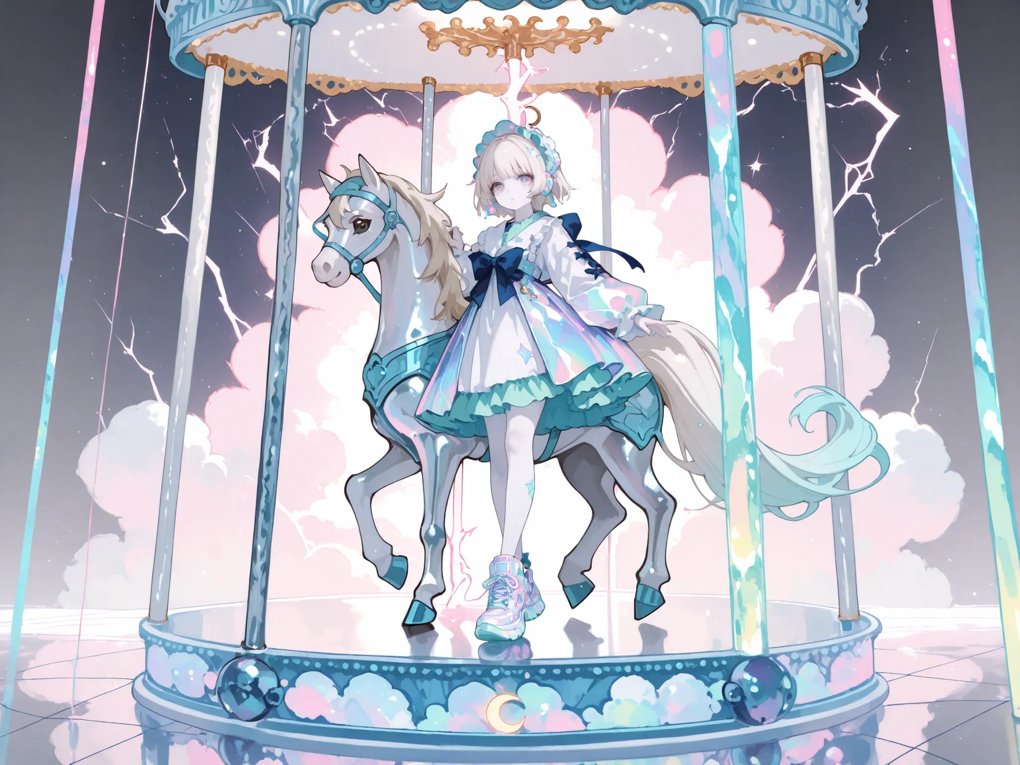 A surreal and whimsical fantasy scene featuring a pastel cyber-kawaii aesthetic. A young woman with long, platinum blonde hair and pale skin is at the center, wearing a shiny, iridescent outfit in white and pastel hues, including a frilled top and holograp...