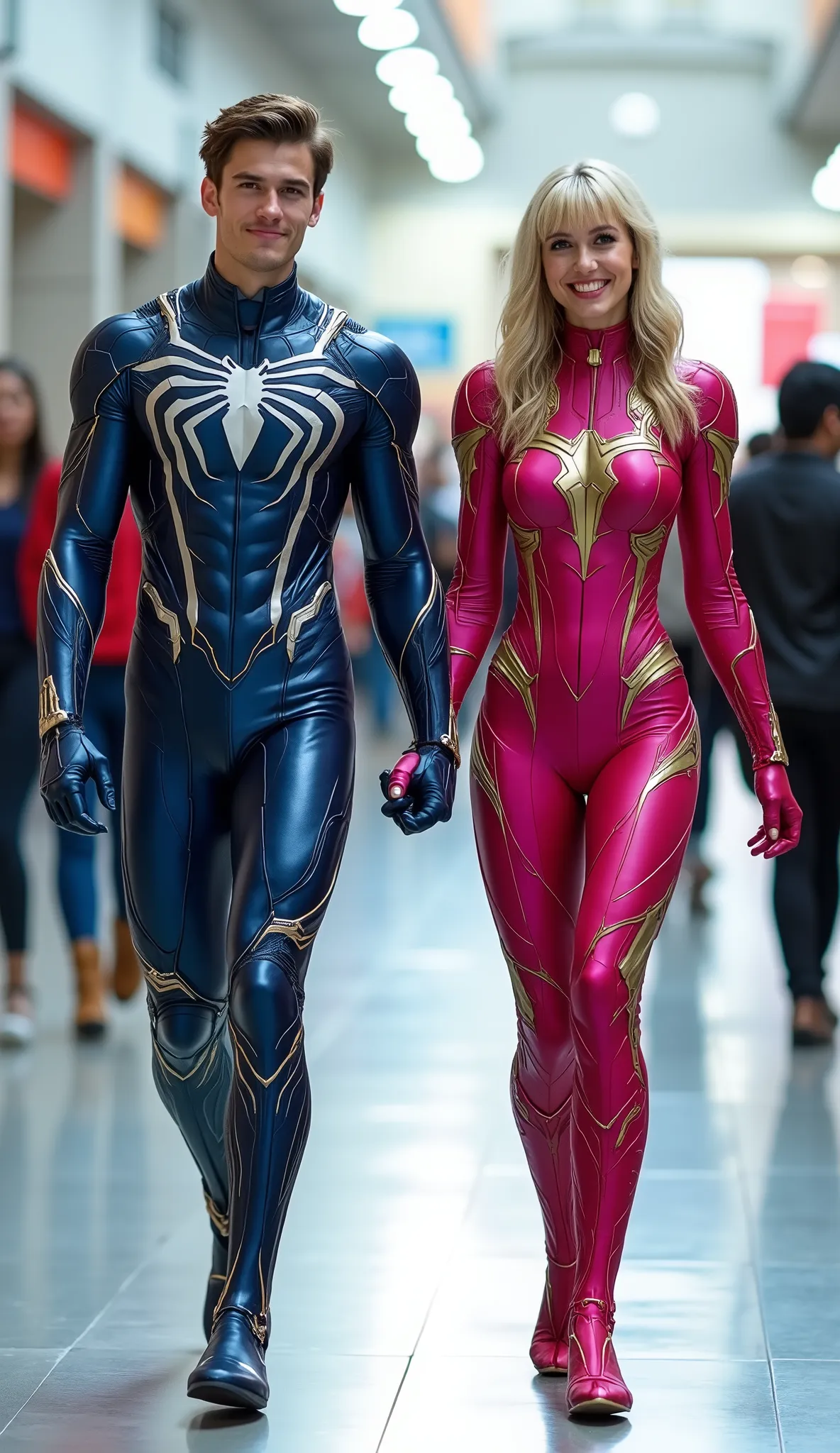 character: ung man brown hair Wearing futuristic red venom body suit with blue silver armor futuristic white accents, and ung woman blonde hair with bangs Wearing futuristic pink venom body suit with gold silver armor futuristic white accents . They Looks...