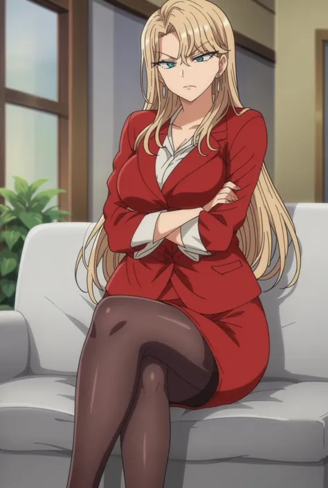 score_9, score_8_up, score_7_up,anime_source, source_anime, best background, detailed background, anime screencap,  Reika, 1girl, black pantyhose, breasts, crossed arms, crossed legs, earrings, jewelry, pantyhose, sitting, skirt suit, solo  indoors,  