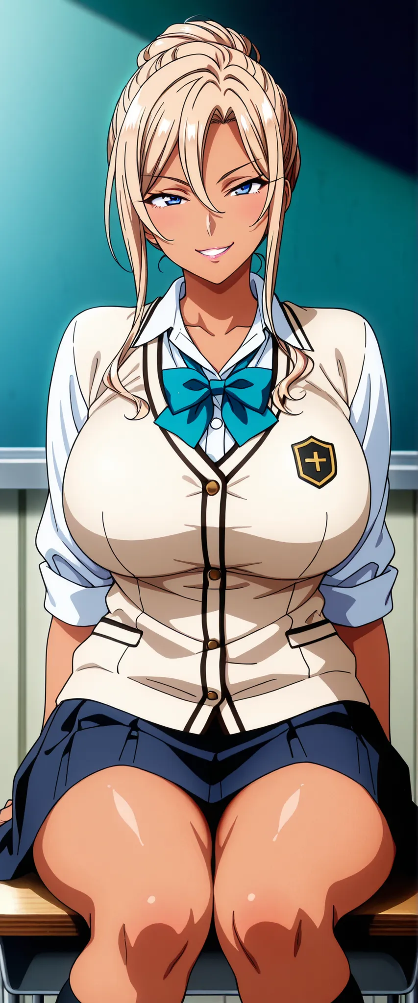 Kurashiki Reika, 4k,high quality,unity wall paper,
high quality, masterpiece, Very detailed, high quality, high resolution, 1gril,Mature woman, Blonde, Hair Bun, blue eyes, tanned,beautiful, beautiful and perfect face,sitting,classroom,looking at viewer,((...