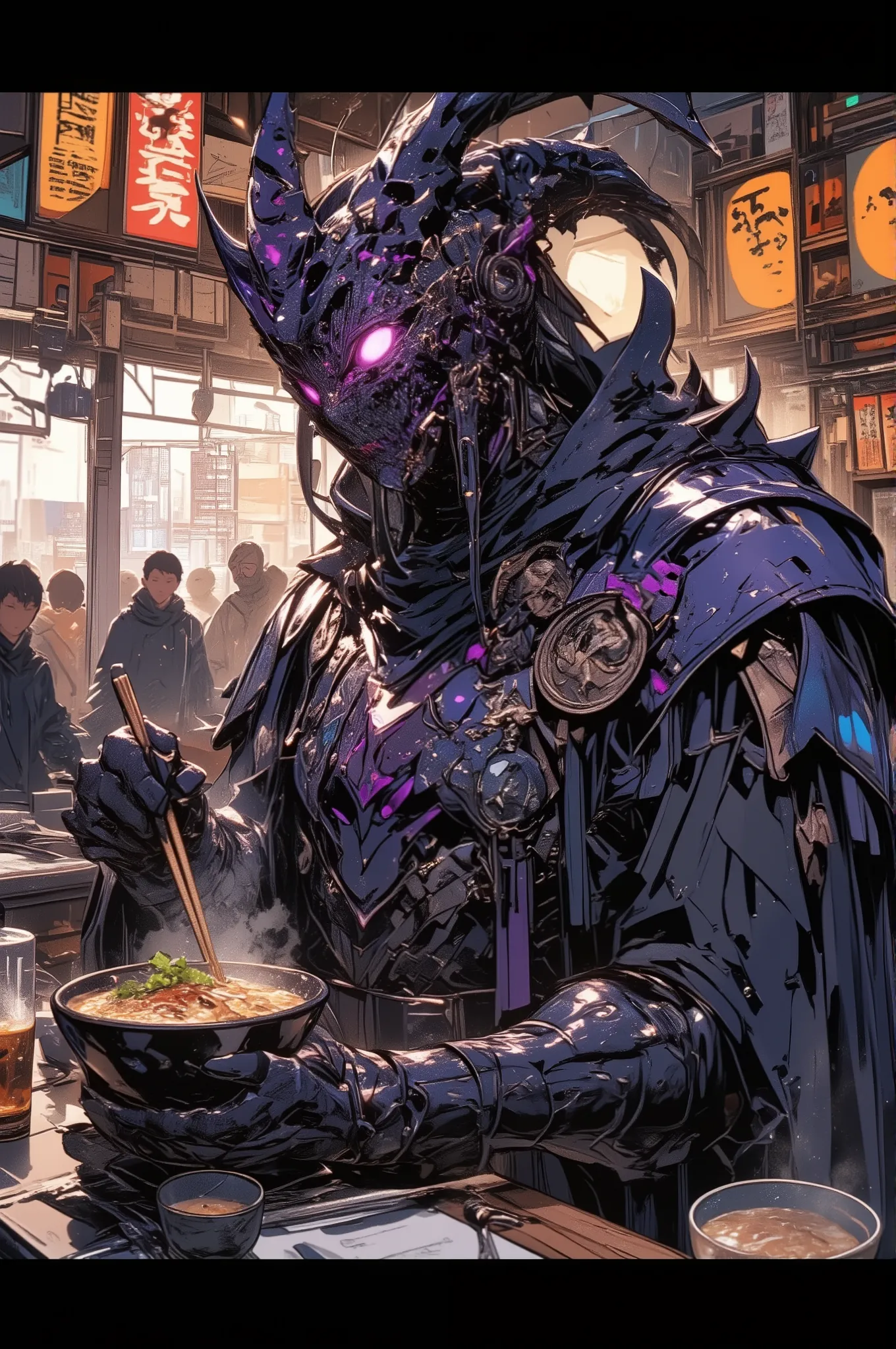 photorealistic cinematic image of a fearsome dark lord in ornate black and purple armor with a spiked crown, sitting at a small ramen shop counter, eating a bowl of steaming ramen with chopsticks, steam rising and slightly fogging his visor, his huge cape ...
