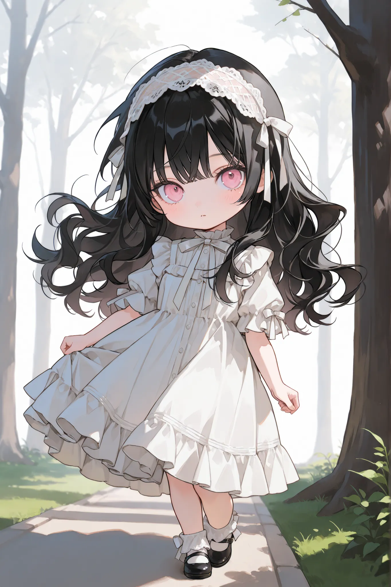 full body, 1 girl, ((very young, chibi, 110cm tall)), small cute girl, cute round face, ((black hair)), long hair, white lace ribbon hairband, wavy hair, bangs, light pink eyes, round puppy eyes, large eyes, Modern ren's dress with mansion yard, trees and...