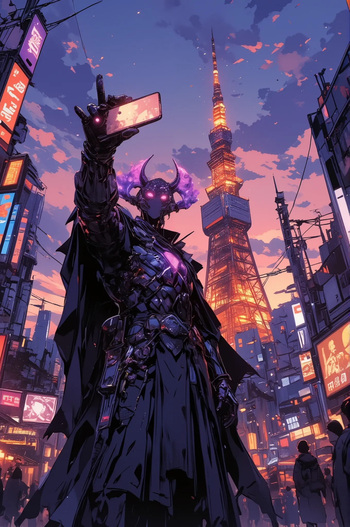 photorealistic cinematic scene of a powerful dark lord in full black and purple armor standing in front of Tokyo Tower at sunset, holding a smartphone up for a selfie, his other hand giving a peace sign, the glowing spire of the tower behind him, city ligh...