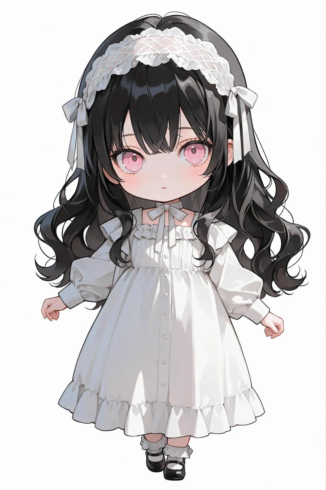full body, 1 girl, ((very young, chibi, 110cm tall)), small cute girl, cute round face, ((black hair)), long hair, white lace ribbon hairband, wavy hair, bangs, light pink eyes, round puppy eyes, large eyes, Modern ren's dress with mansion yard, trees and...