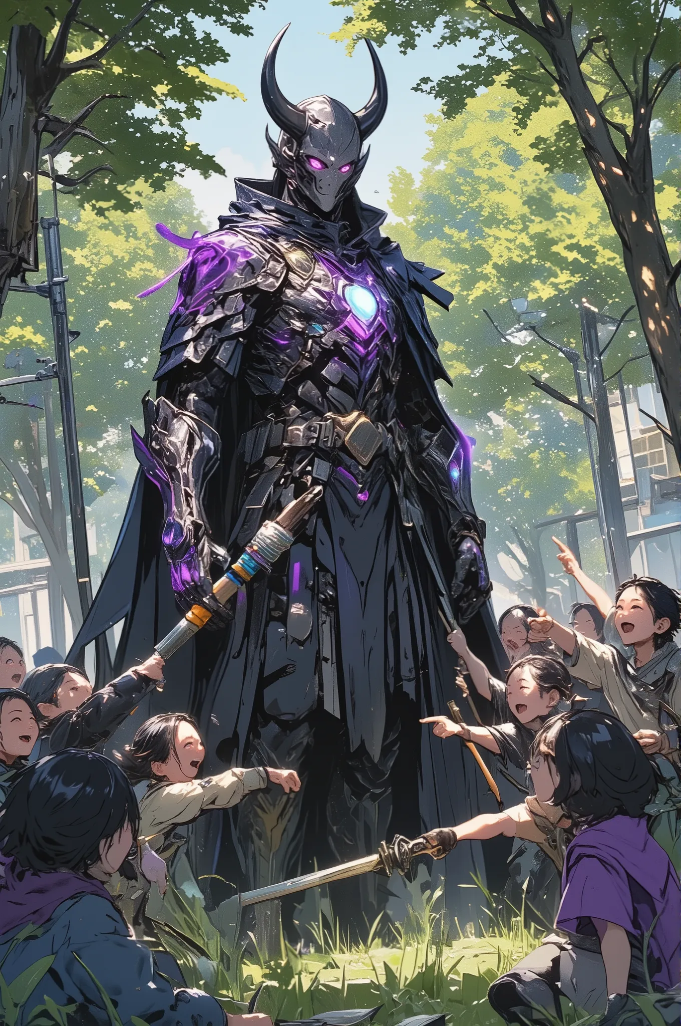 photorealistic cinematic image of a menacing dark lord with glowing armor and a flowing black-and-purple cape, standing awkwardly in a sunny park, surrounded by a group of cheerful ren, some tugging at his cape, one handing him a toy sword, others laughing...