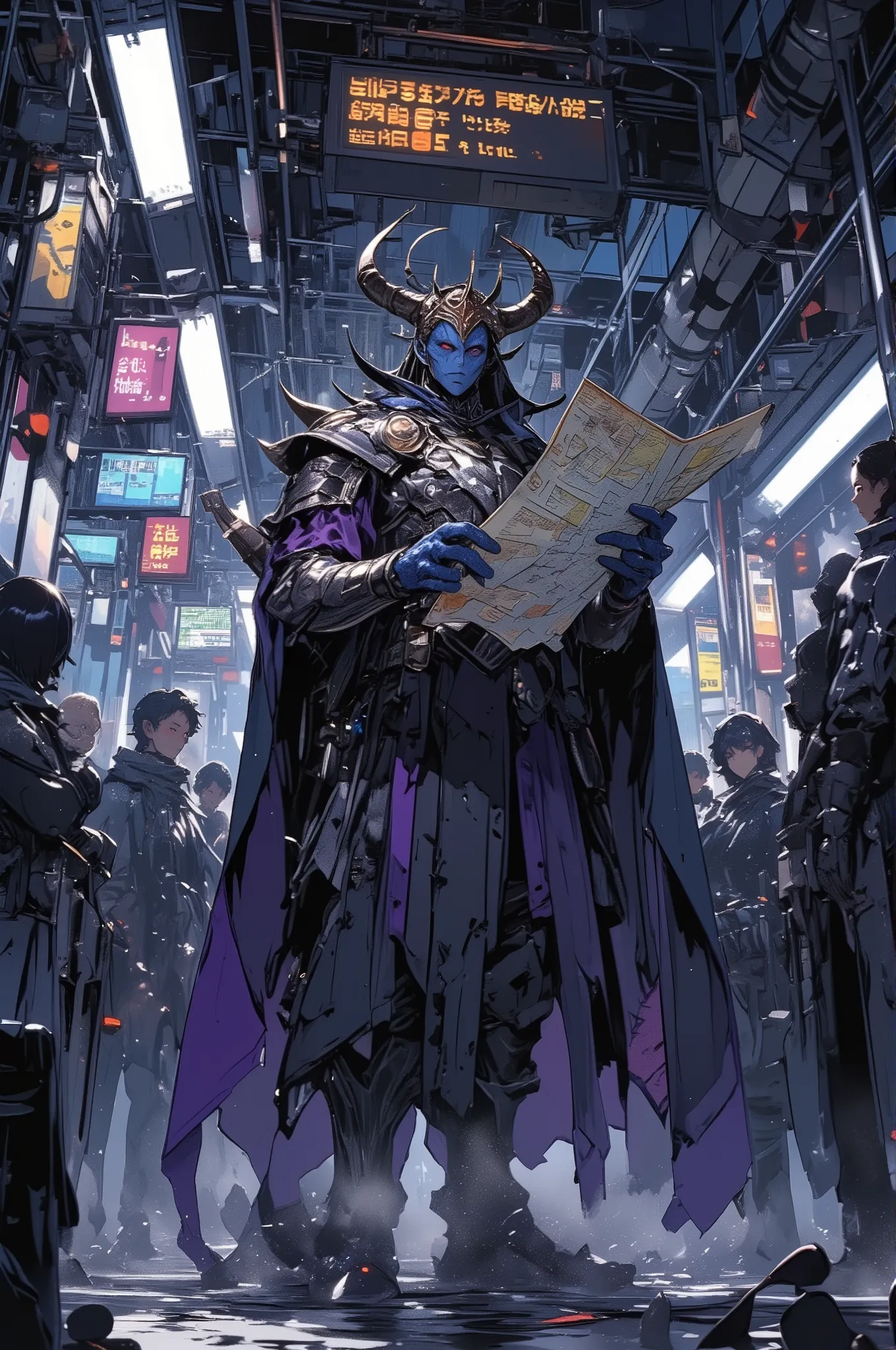 photorealistic cinematic scene of a dark lord with blue skin and a massive black-and-purple cape standing on a modern subway platform, looking confused while holding a crumpled subway map, wearing ornate armor and a spiked crown, surrounded by commuters wh...