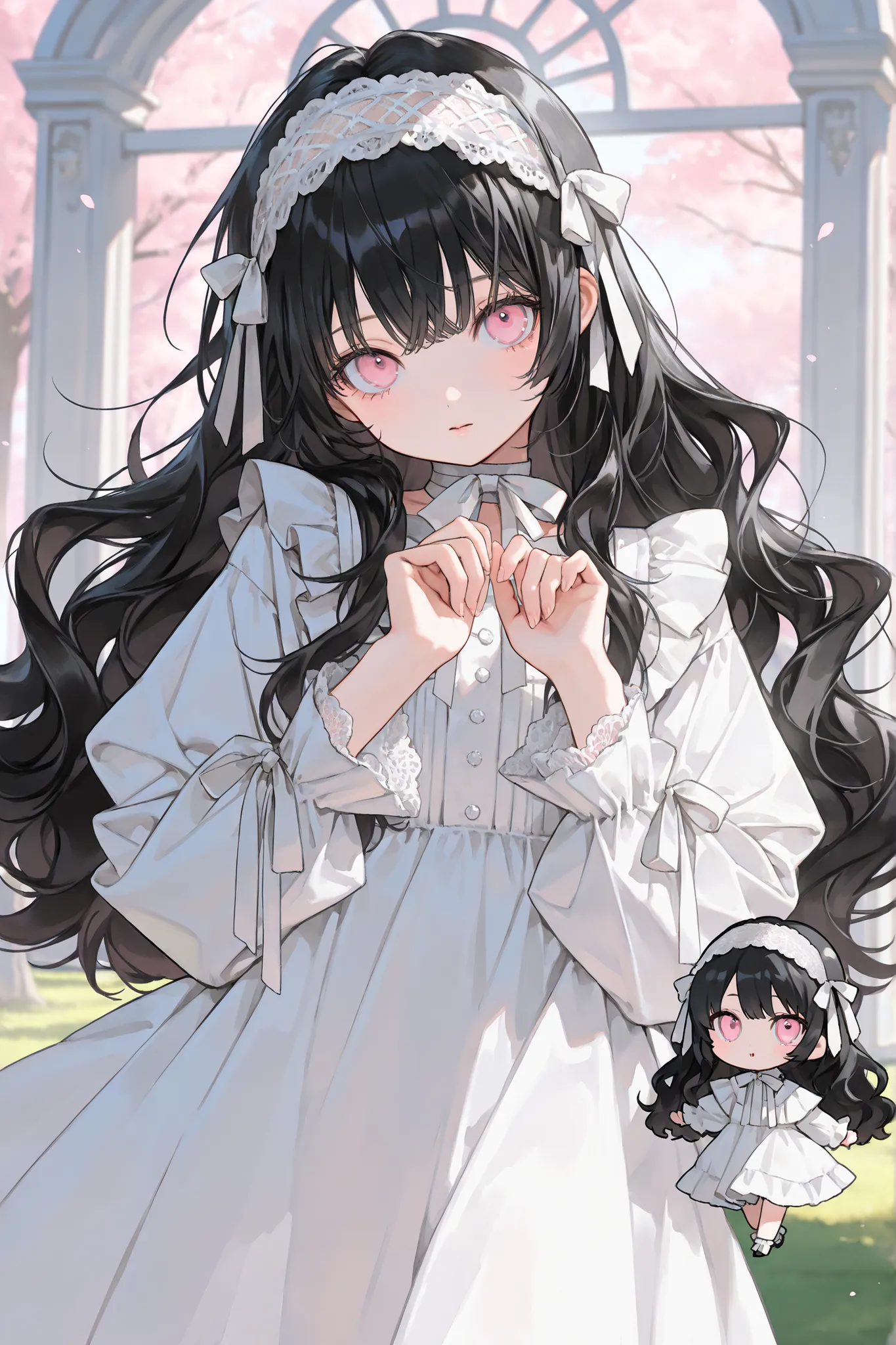 Cowboy shot, 1 girl, ((very young, chibi, 110cm tall)), small cute girl, cute round face, ((black hair)), long hair, white lace ribbon hairband, wavy hair, bangs, light pink eyes, round puppy eyes, large eyes, Modern ren's dress with mansion yard, trees a...