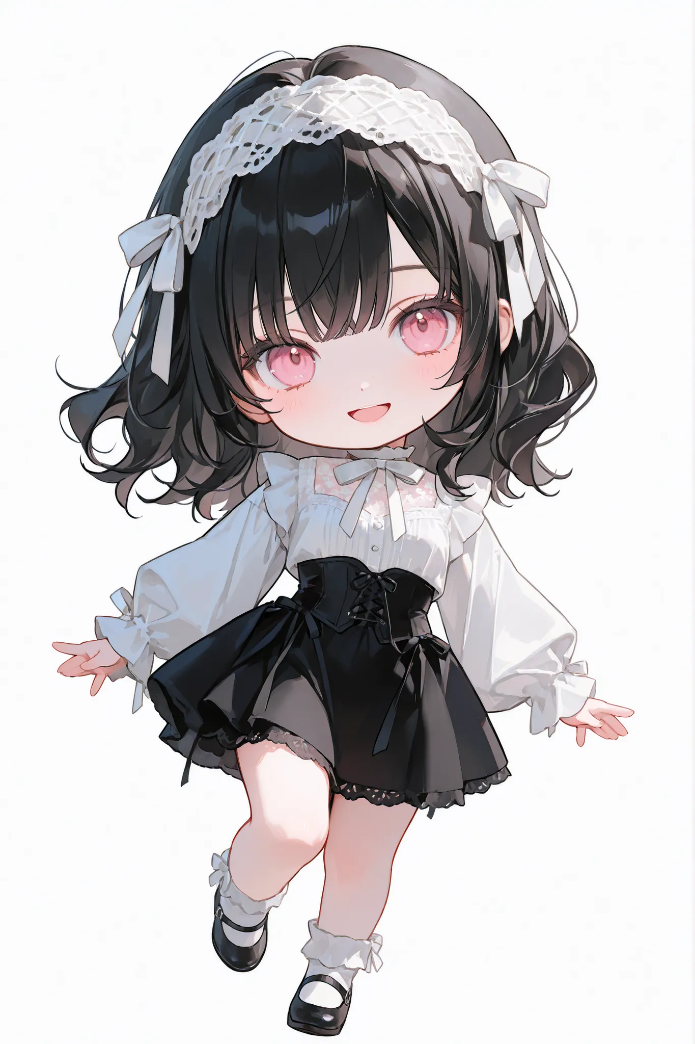 full body, 1 girl, ((chibi)), solo, cute girl, beautiful, (black hair), medium hair, wavy hair, bangs, pink eyes, cute round face, white lace ribbon hairband, White long sleeve chiffon, black bustier Short skirt, open mouth, smiling face, intricate details...