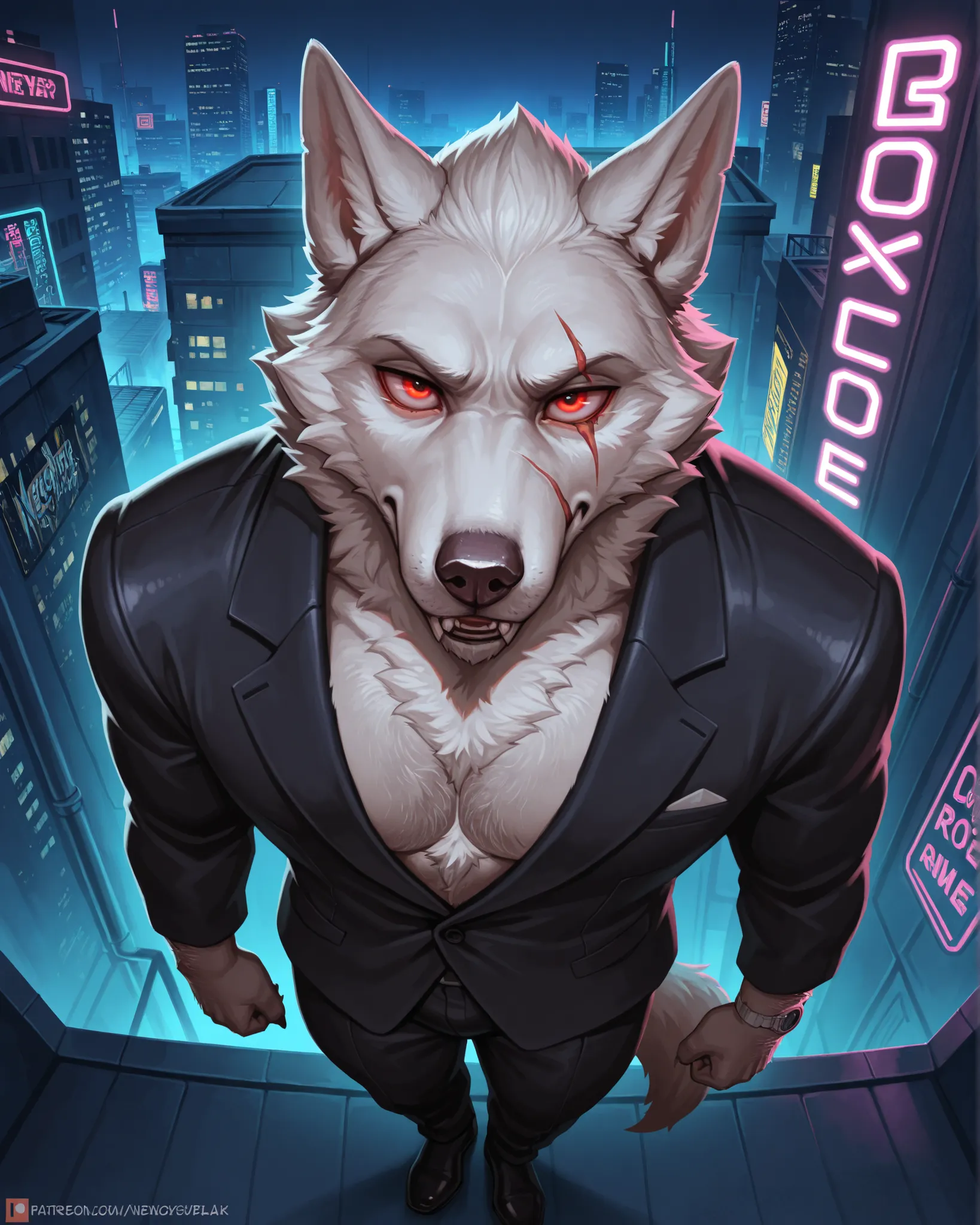 masterpiece,Highest Quality,great quality, Self-expression solo, anthro,rooftop、Realistic neon cityscape gentleman
werewolf man black suit, white body hair red eyes, facial wound in the middle, , male, Rugged, Wolf Youth All Back
cyberpunk, neon light, Wat...