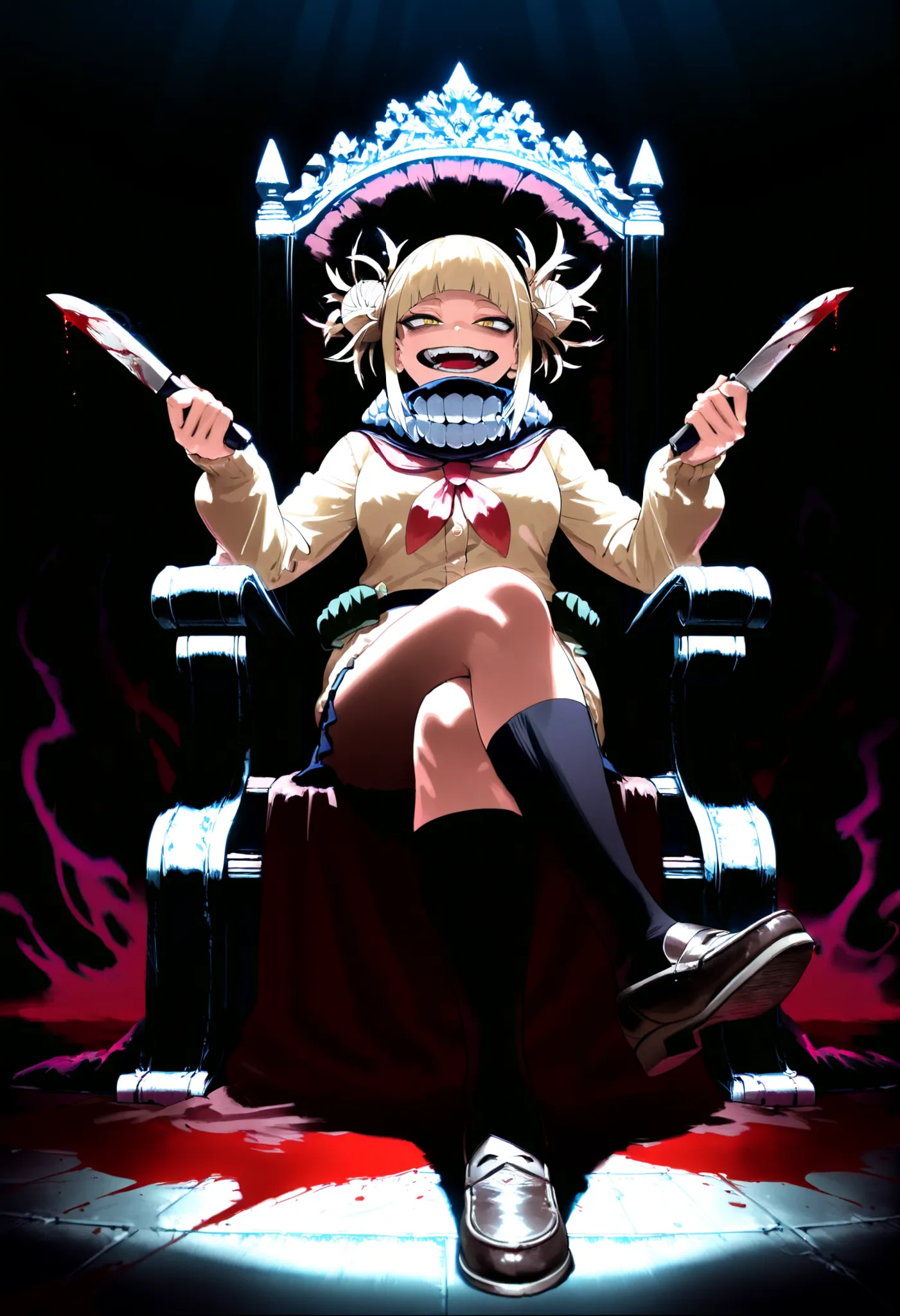 score_8, score_9, Toga Himiko, socks, loafers, sitting on a bloody throne, crossed legs, holding a knife, dark aura, floor covers in blood, blood_covered, dark background, spotlight, 8k , masterpiece , best quality , natural light , accurate , evil smile, ...