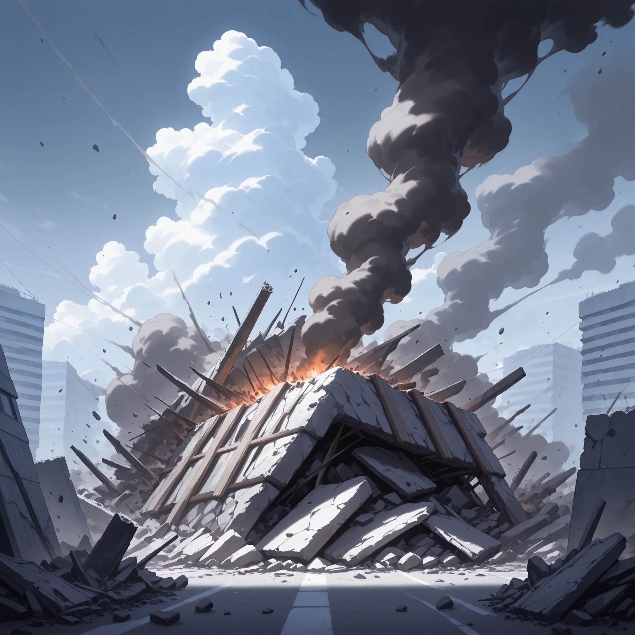 Smoke debris, limestone debris, physical smoke shock, by huma, destruction ,