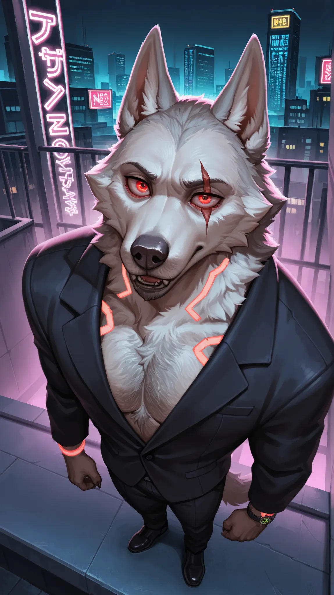 masterpiece,Highest Quality,great quality, Self-expression solo, anthro,rooftop、Realistic neon cityscape gentleman
werewolf man black suit, white body hair red eyes, facial wound in the middle, , male, Rugged, Wolf Youth All Back
cyberpunk, neon light, Wat...