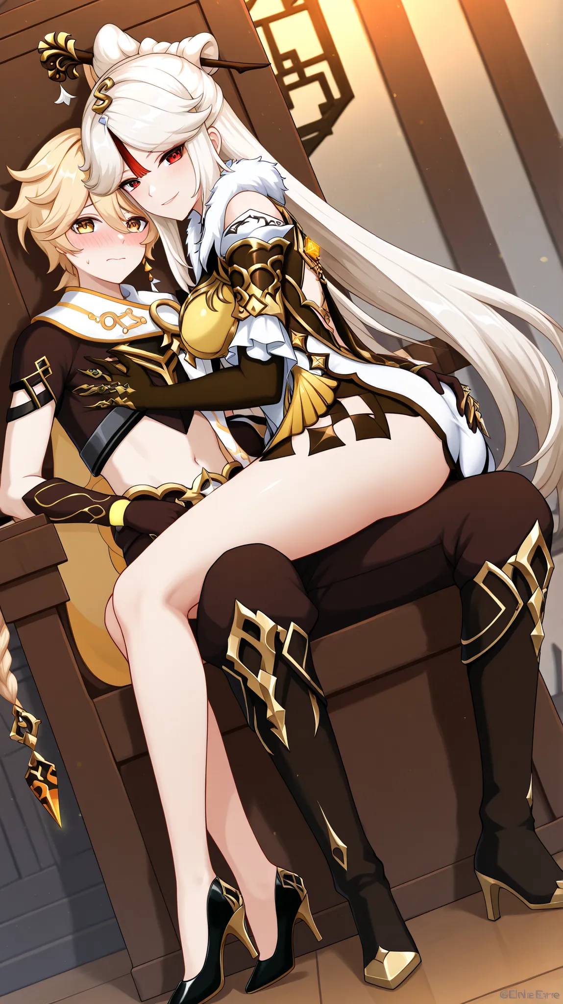 (Ningguang (genshin impact), long hair, white hair, hair ornament, red eyes, parted bangs, tassel, very long hair, side strands, hairpin, hairpin, black gloves, porcelain dress, elbow-length gloves, bare shoulders, claw ring, white dress, loose sleeves, hi...