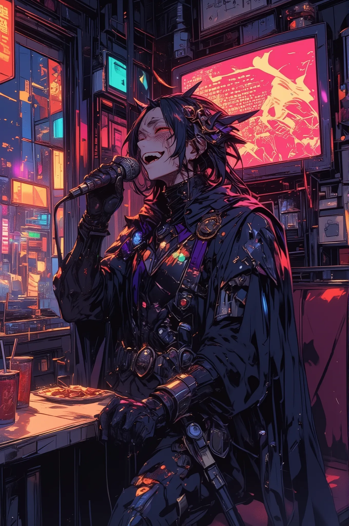 photorealistic cinematic scene of a dark lord in elaborate black and purple armor with a flowing cape and spiked crown, passionately singing enka into a karaoke microphone in a private booth, eyes closed and hand clenched as if holding back tears, dramatic...