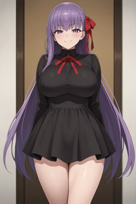 BB(Fate), purple eyes, long hair, purple hair, hair ribbon, red ribbon, short dress, black dress, smile, large breasts,look at viewer, anime colour, standing 