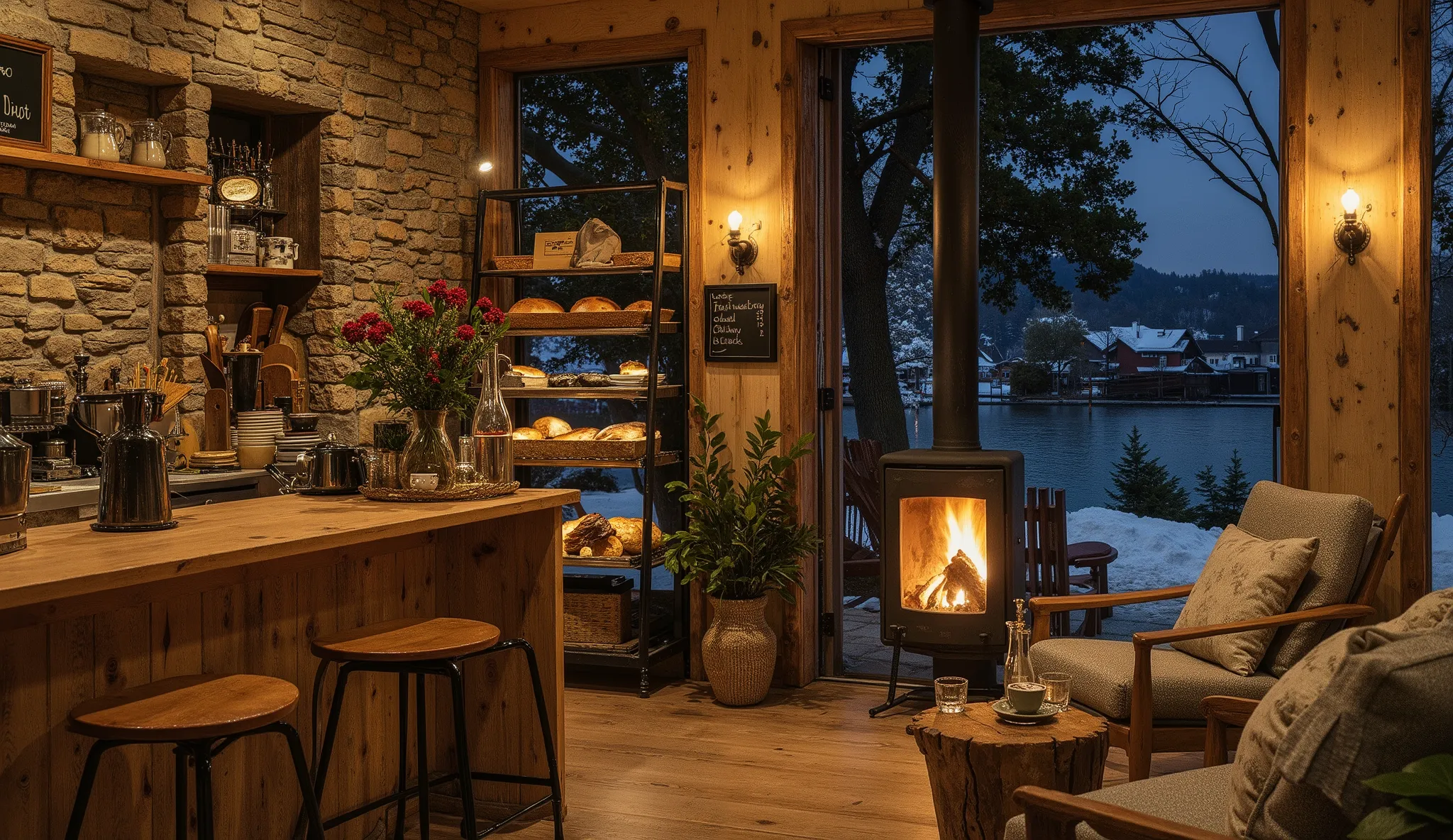 Cozy cabin with fireplace ,g sinhThe scene depicts a Cozy cabin with fireplacequán cà phê mộc mạc, overlooking a beautiful lake .
The interior has a wooden counter , on which a shiny metal coffee pot shines warm gold , symbolism of the art coffee fl...
