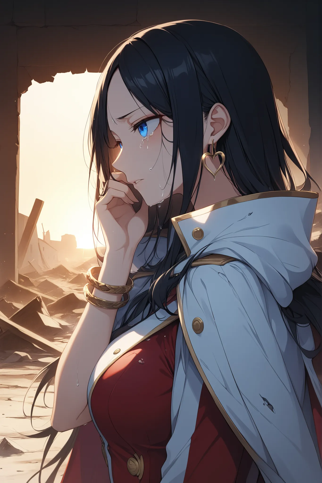 ((masterpiece)), ((RAW 8K)), ((extreme quality)), ((photorealistic anime style)), ((hyper-detailed skin texture)), ((natural warm tones)), ((studio-grade dramatic lighting)), ((extreme eye detail)),

side profile of Boa Hancock from One Piece, portrayed in...