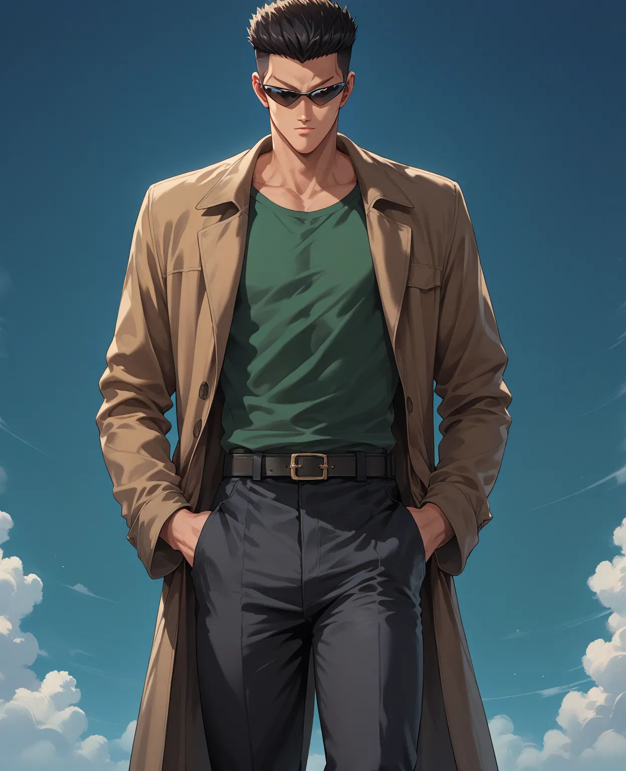  score_9, score_8_up, score_7_up, score_6_up, Expressiveh, Toguro, 1boy, male focus, sunglasses, black hair, pompadour, green shirt, hands on pocket, black pants, belt, trench coat, short hair 