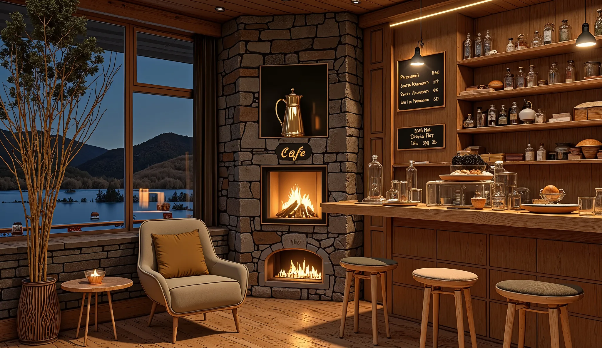 Cozy cabin with fireplace ,g sinhThe scene depicts a Cozy cabin with fireplacequán cà phê mộc mạc, overlooking a beautiful lake .
The interior has a wooden counter , on which a shiny metal coffee pot shines warm gold , symbolism of the art coffee fl...