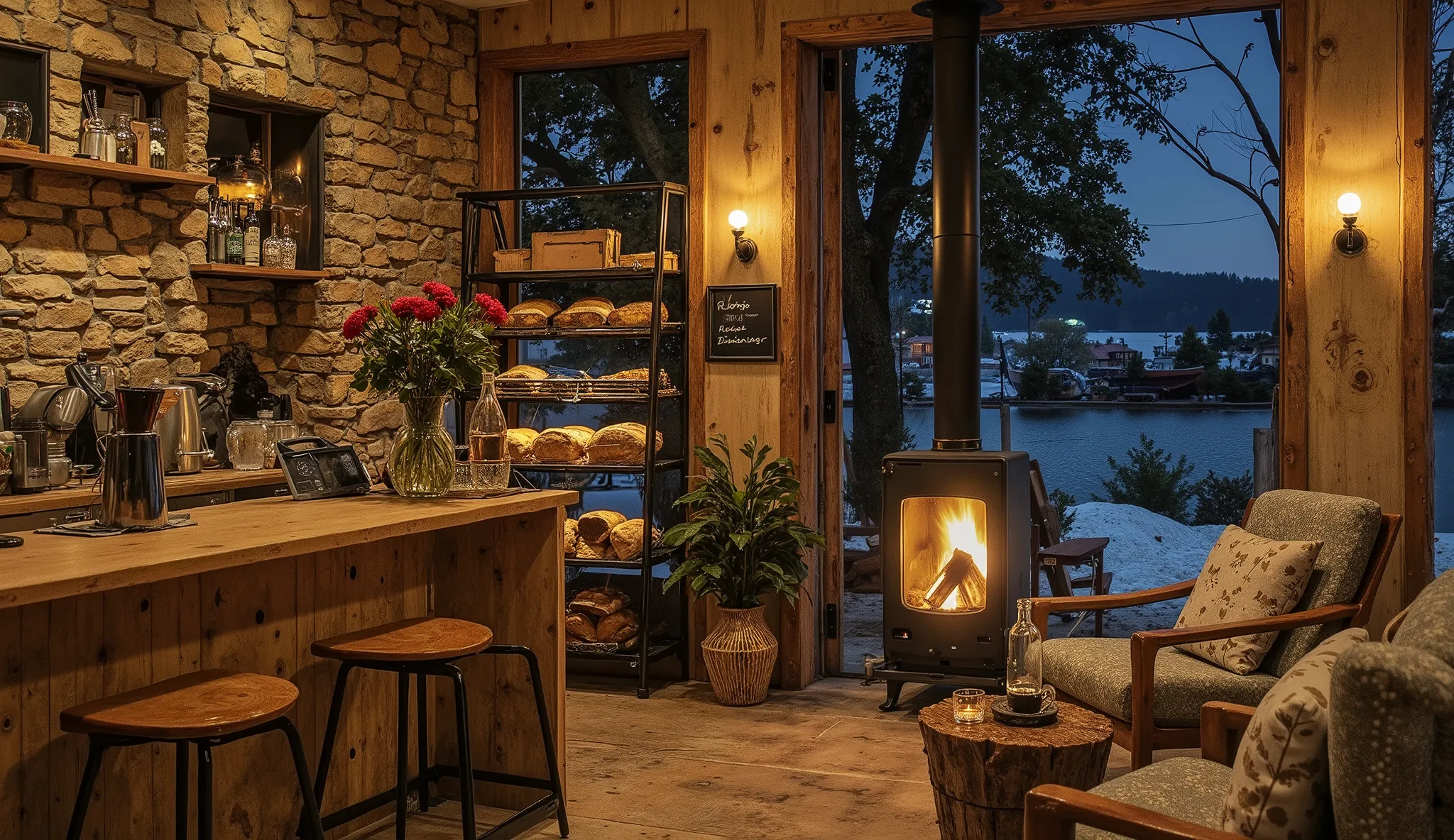 Cozy cabin with fireplace ,g sinhThe scene depicts a Cozy cabin with fireplacequán cà phê mộc mạc, overlooking a beautiful lake .
The interior has a wooden counter , on which a shiny metal coffee pot shines warm gold , symbolism of the art coffee fl...