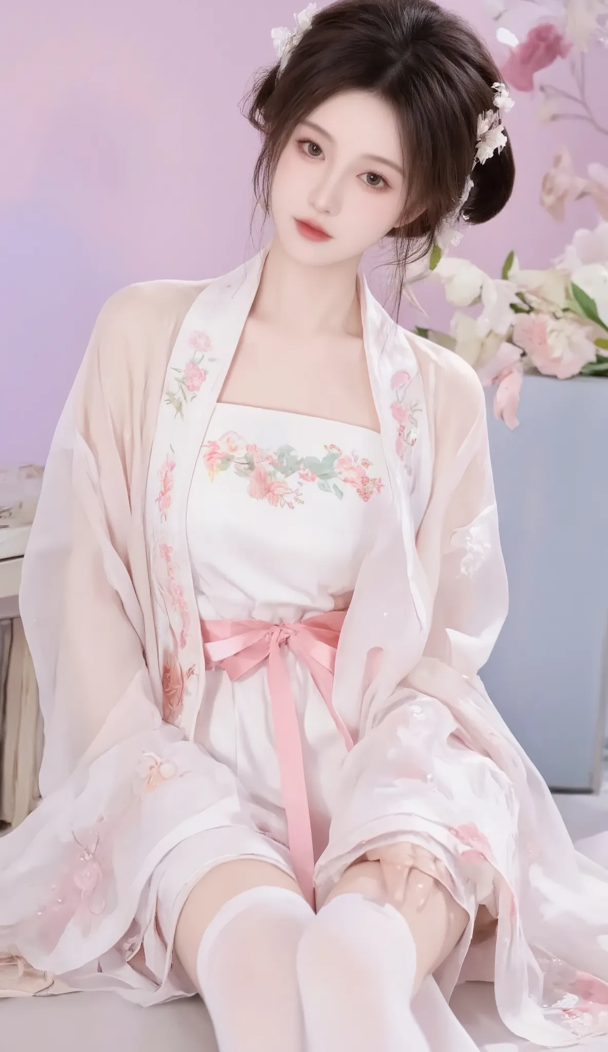 robe ，1 beautiful girl, [[  eyes, 白flower, ribbon, Chest,  白色 Chinese clothing   ,    Chinese clothing   , skirt, flower, Gradient   , Gradient    background, embroidered ball flower, Watch the audience, small Chest, white pantyhose, Single, thigh 连裤袜