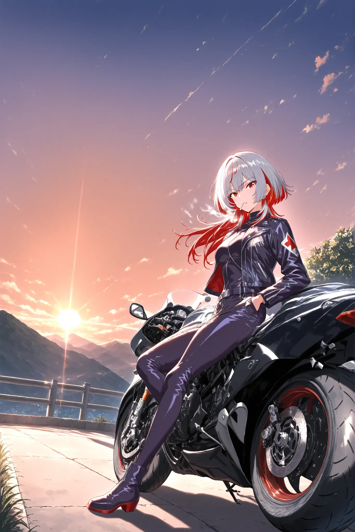 anime style, masterpiece, best quality, 4K, solo, female with wolf cut gray hair, red highlights and red inner color, red eyes, black rider jacket, tight pants, leaning against a motorcycle, on a mountain pass road with asphalt pavement and a white metal g...