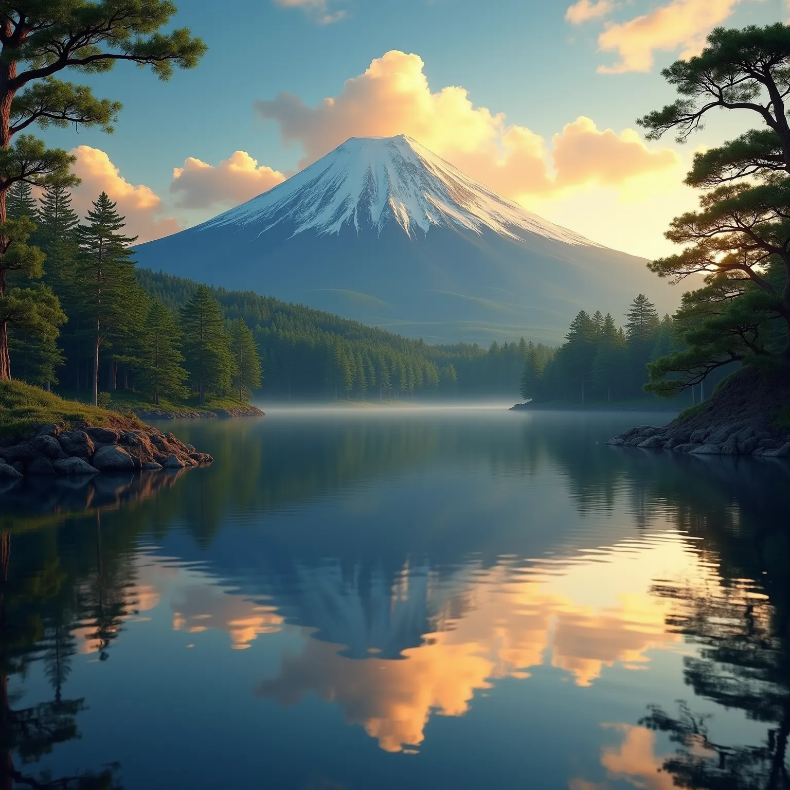 high quality, 4k, photo-realistic, stunning landscape painting, majestic Mt. Fuji, tranquil lake, Mt. Fuji reflected perfectly upside down in the calm waters, lush green trees surrounding the lake, fluffy clouds in the sky, warm golden hour lighting, serene atmosphere, detailed, masterpiece