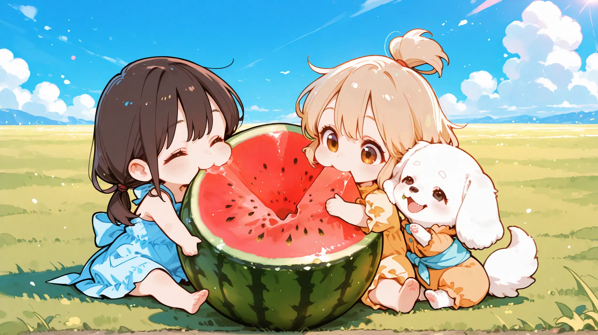 A whimsical, Ghibli-style chibi anime illustration featuring three cute girls of different ages and a fluffy white dog. The youngest girl is with short black hair, wearing a light orange romper. The second girl is with shoulder-length blonde hair, wearin...