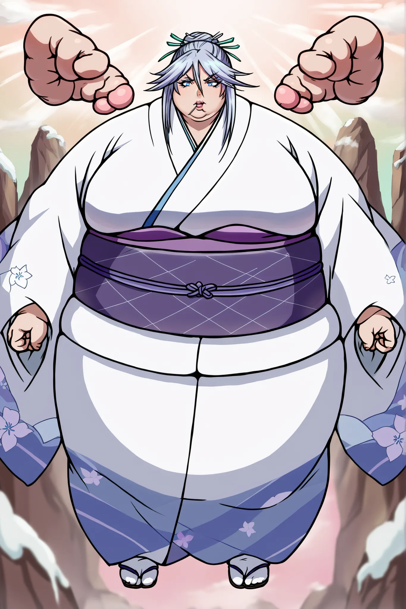 score_9, score_8_up, score_7_up, source_anime,  tsurara shirayuki, blue eyes, hair ornament, hair between eyes, grey hair, sidelocks, lollipop, hair bun, medium breasts,, japanese clothes, kimono, sash, obi, giant hands, giant feet, fat, chubby, obese, gig...