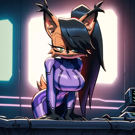 (Hair bangs over one eye), long black hair, (ponytail), (long hair), ((long ponytail)), wide ponytail, nicole the lynx, green eyes, black hair, brown fur, black eyes, zero suit, ((purple suit)), Mobian Lynx, 1girl, (Lynx), bigdad/character, (Mobian), femal...